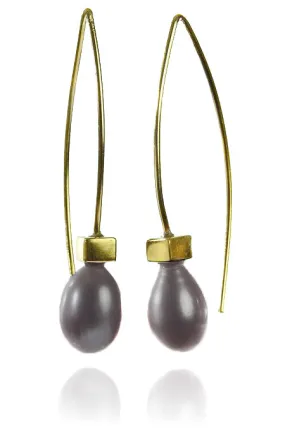 18K Gold Plated Euro Pin Drop Pearl Earrings Grey Pearl