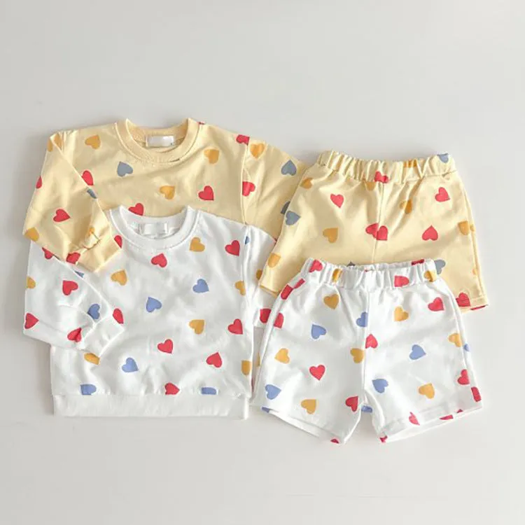 2 Pieces Set Baby Kid Girls Love heart Print Tops And Shorts Wholesale 231130112