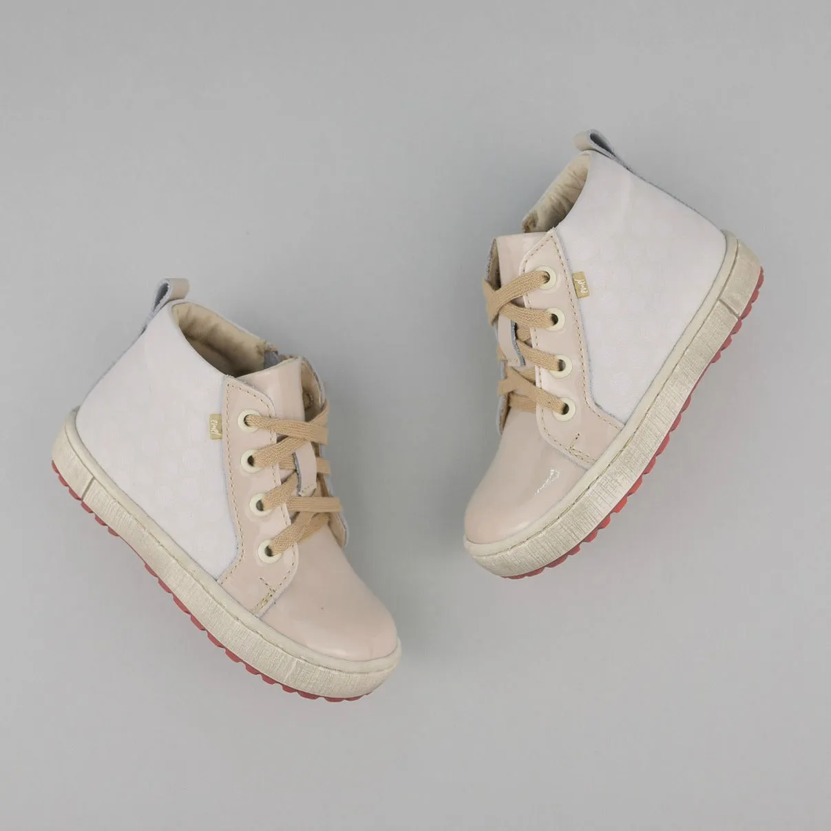 (2624C-1) Emel Beige Patent leather Lace Up Sneakers with zipper