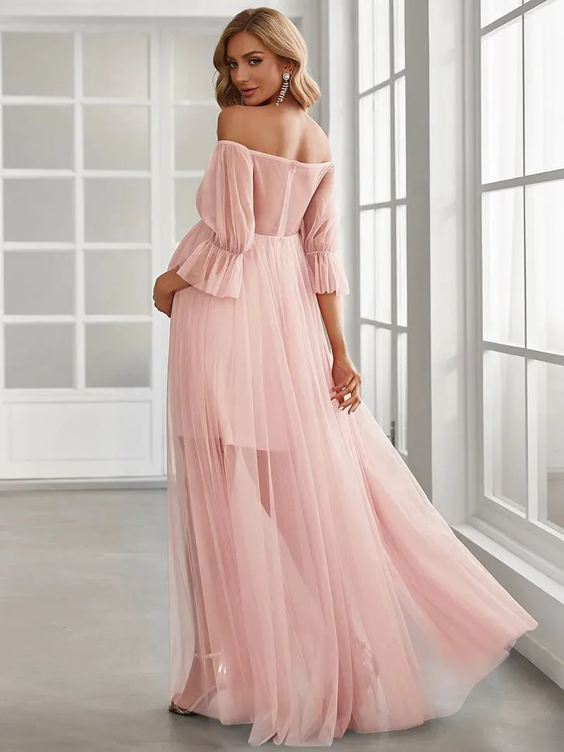 A Line Short Puff Sleeves Bridesmaid Dress