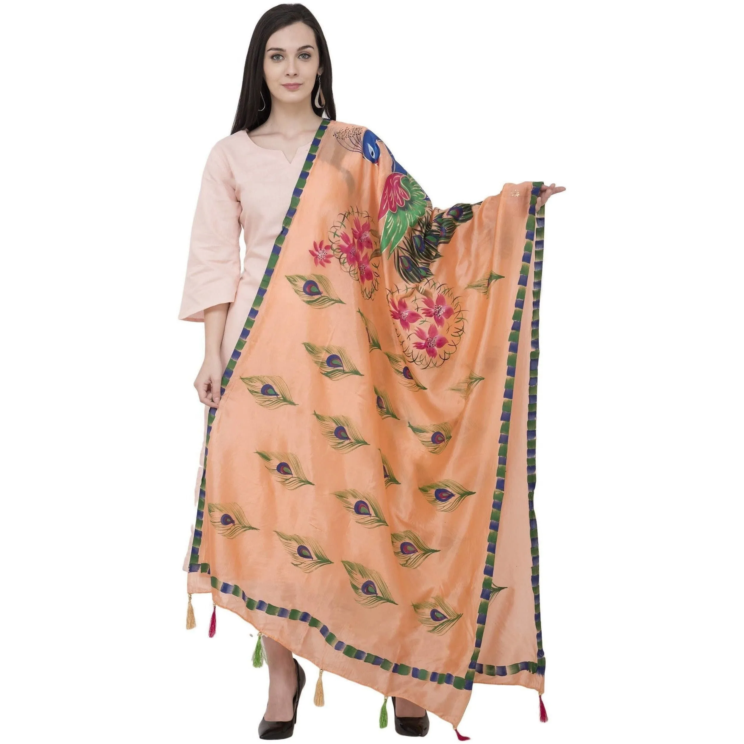 A R Silk Silk Peacock Multi Fancy Dupatta Color PEACH Dupatta or Chunni