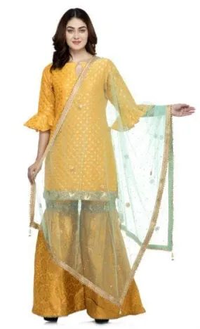 A R Silk Women's Net Net Chandna Handwork With Moti Laish Light Firozi Fancy Dupatta