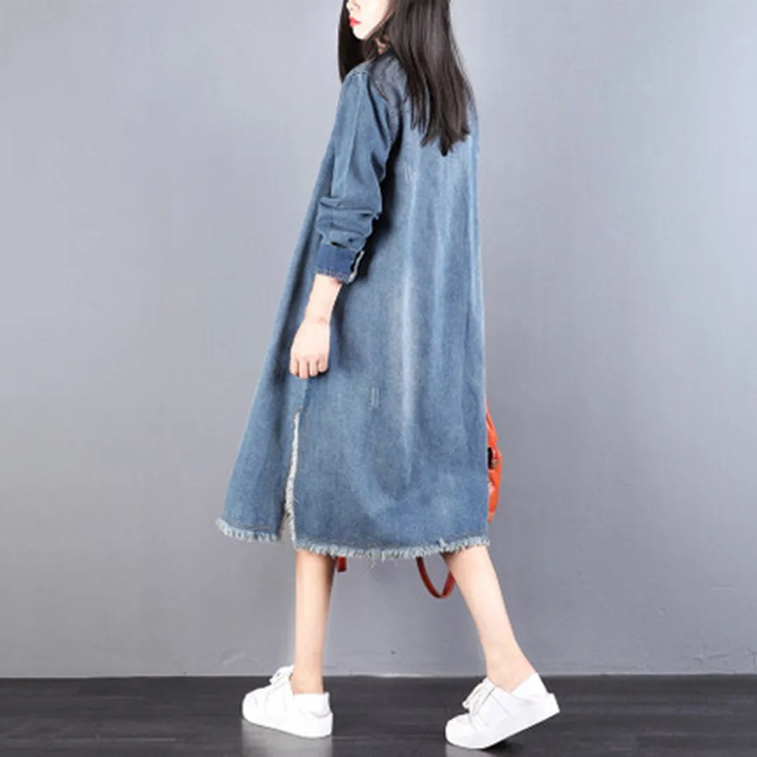 BABAKUD Women Denim Casual Burr Loose Long Sleeve Dress