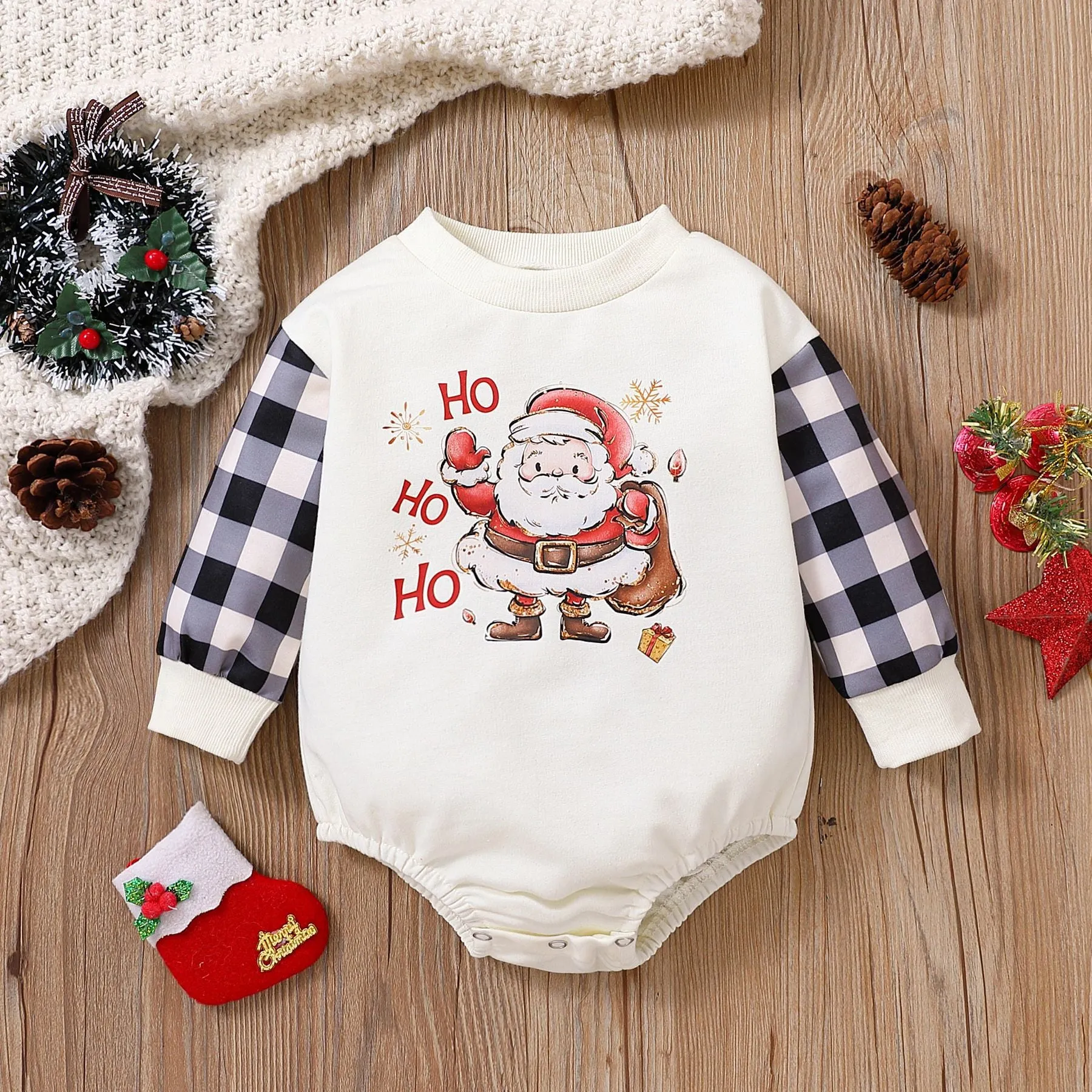 Baby Kid Girls Letters Checked Cartoon Print Christmas Rompers Wholesale 23102408