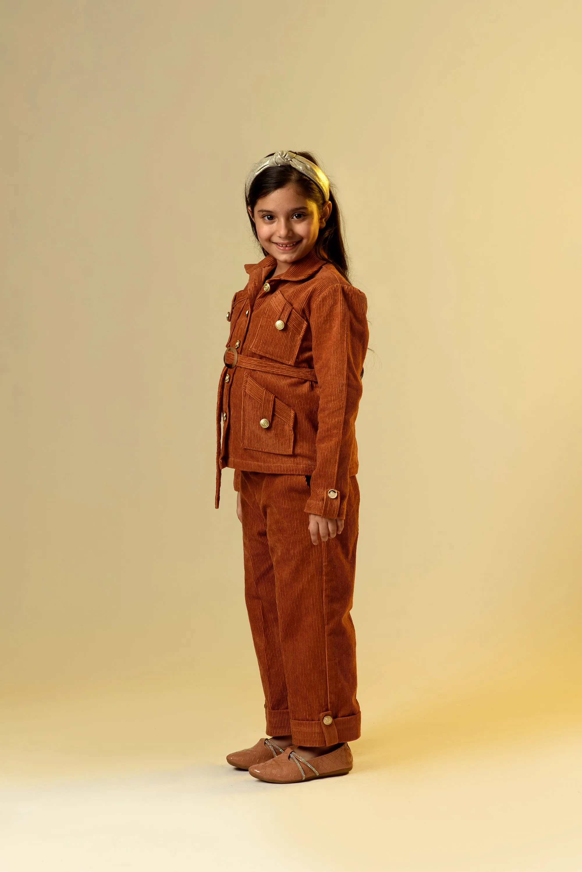 Backwood Radiance- Organic Corduroy Shirt & Trousers With Belt For Girls