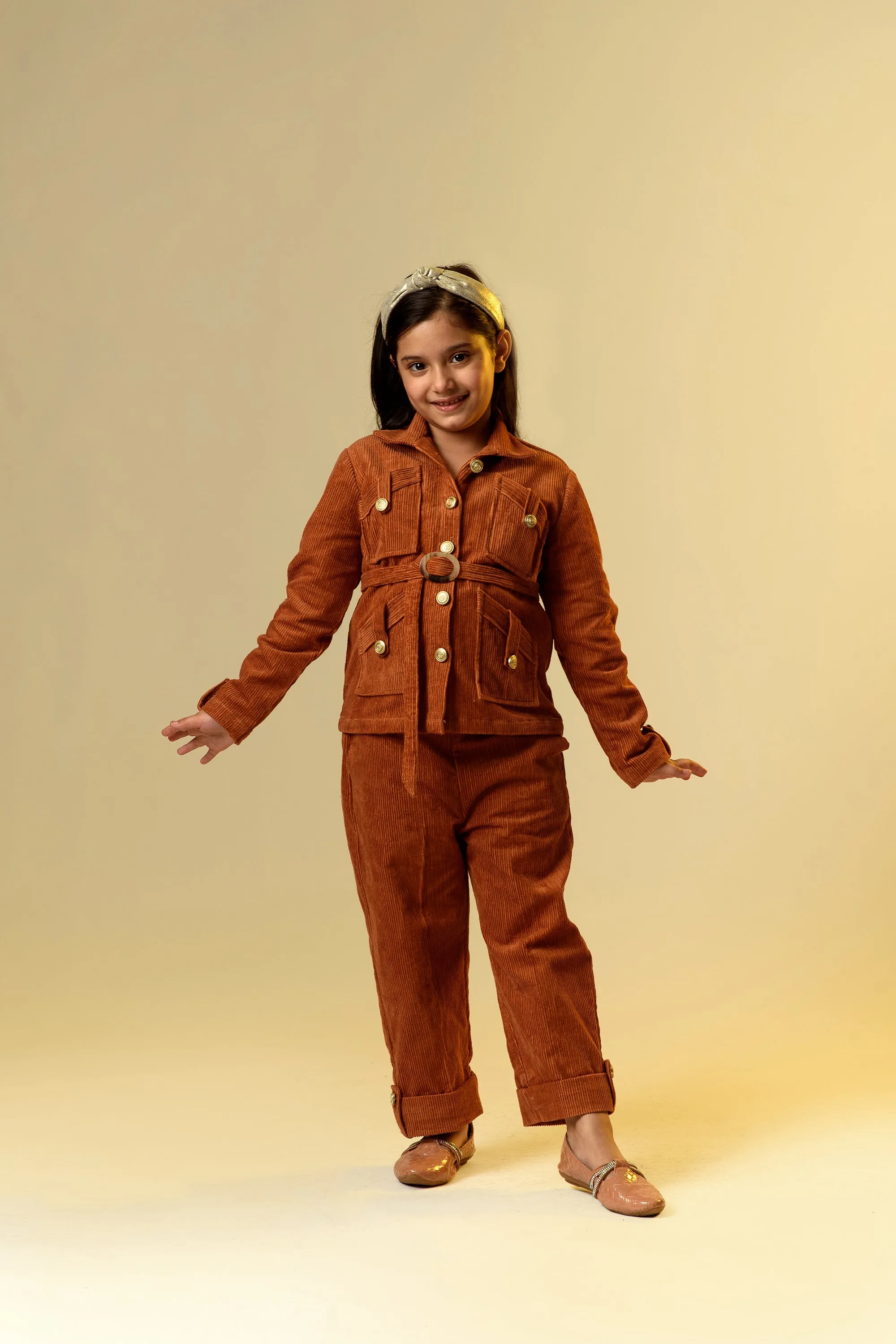 Backwood Radiance- Organic Corduroy Shirt & Trousers With Belt For Girls