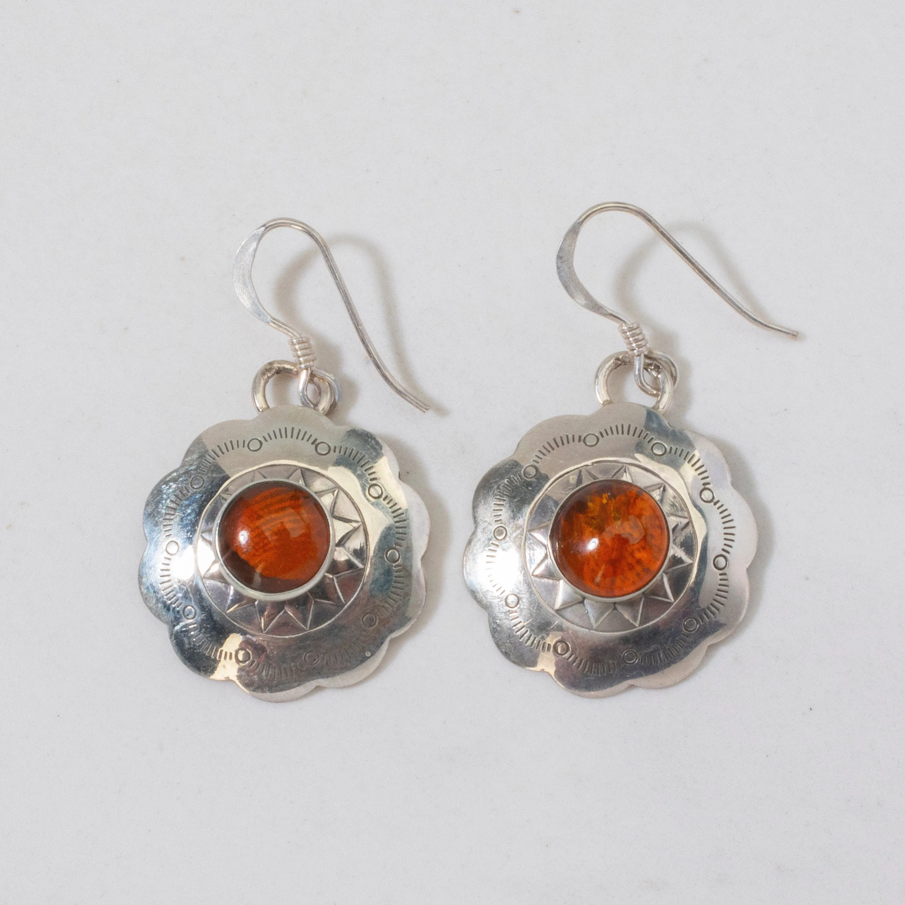 Baltic Amber Sun Dangle Navajo USA Native American Made 925 Sterling Silver Earrings with French Hook