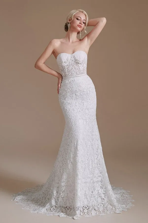 Beautiful Long Mermaid Sweetheart Lace Wedding Dresses with Detachable Sleeves