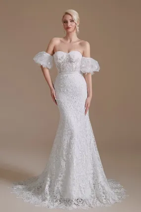 Beautiful Long Mermaid Sweetheart Lace Wedding Dresses with Detachable Sleeves