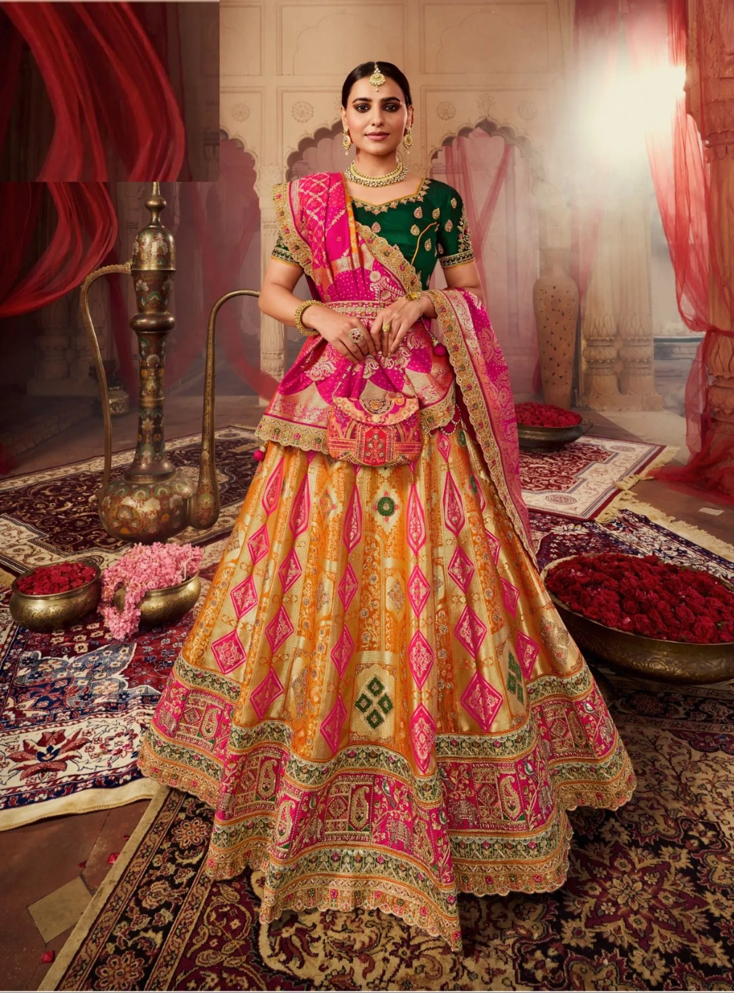 BEAUTIFUL ROYAL GREEN AND YELLOW LEHENGA SET - RENT