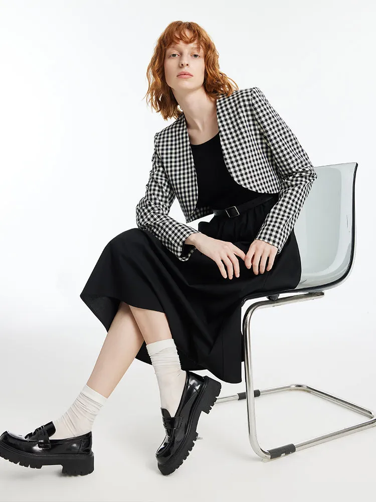 Black And White Check Crop Jacket And Dress Two-Piece Set With Belt