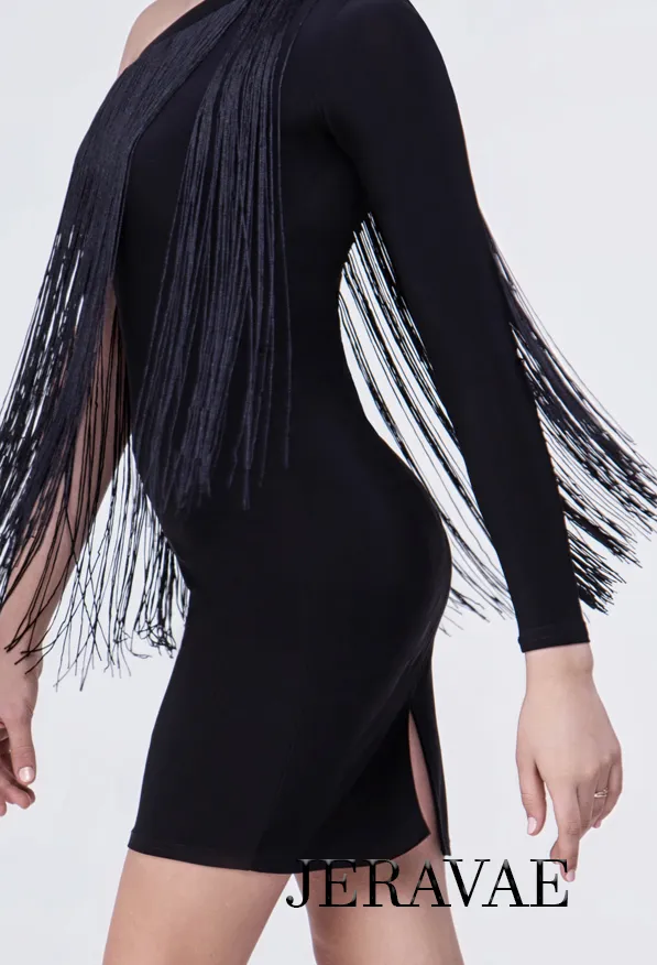 Black Latin or Rhythm Practice Dress with One Sleeve and Long Fringe Starting at Top Seam PRA 366