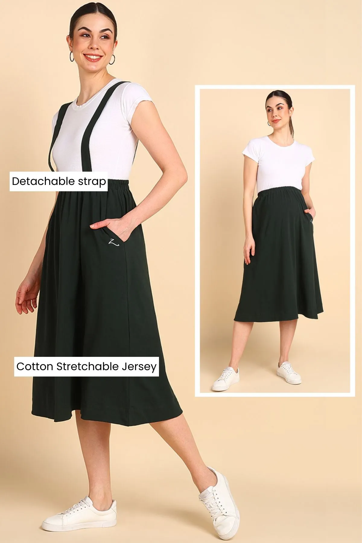 Bottle Green 100% Cotton Jersey Maternity Skirt with Detachable Strap & Pockets