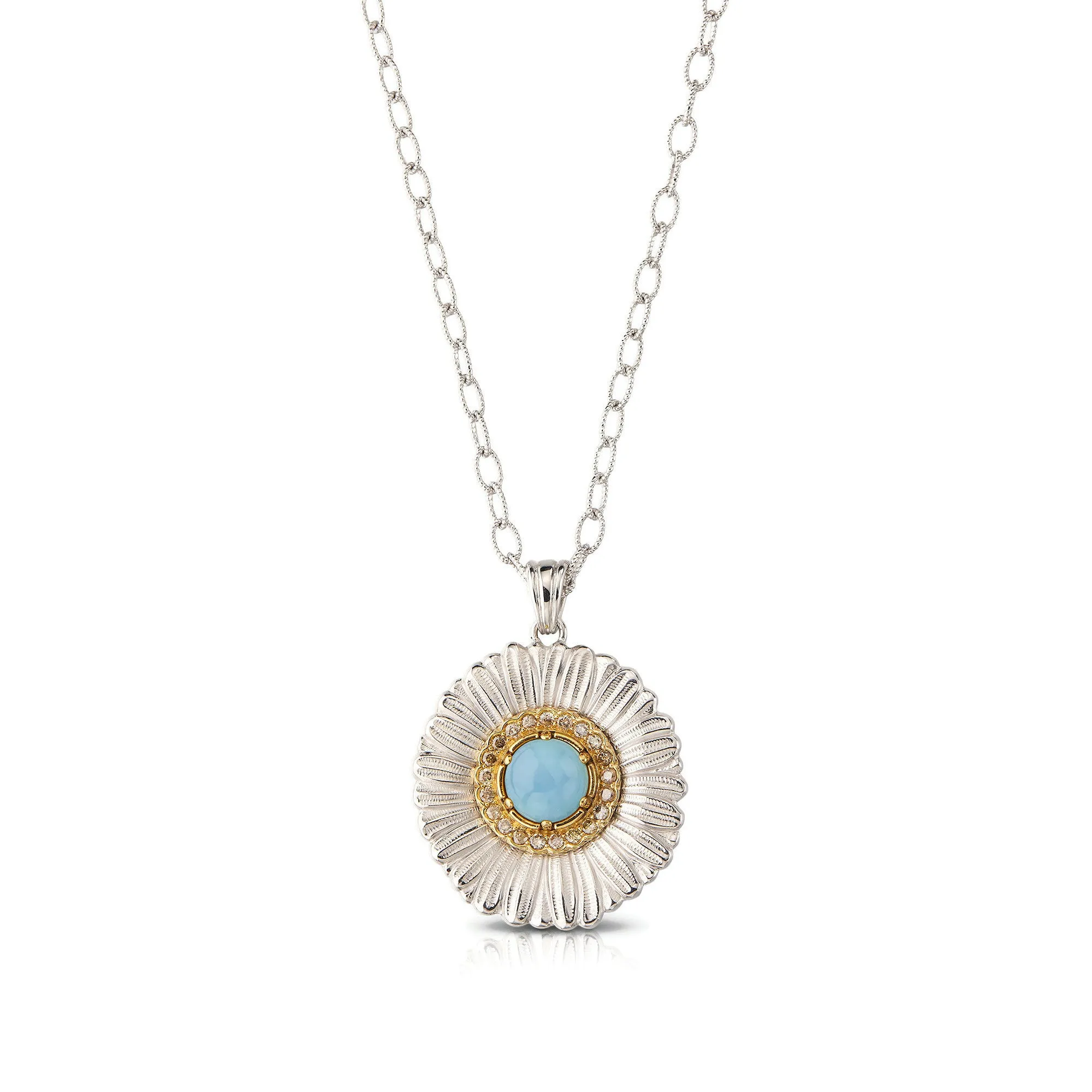 Buccellati - Blossoms Colour - Sterling Silver Pendant Necklace with Light Blue Agate, Diamonds, and Gold Accents