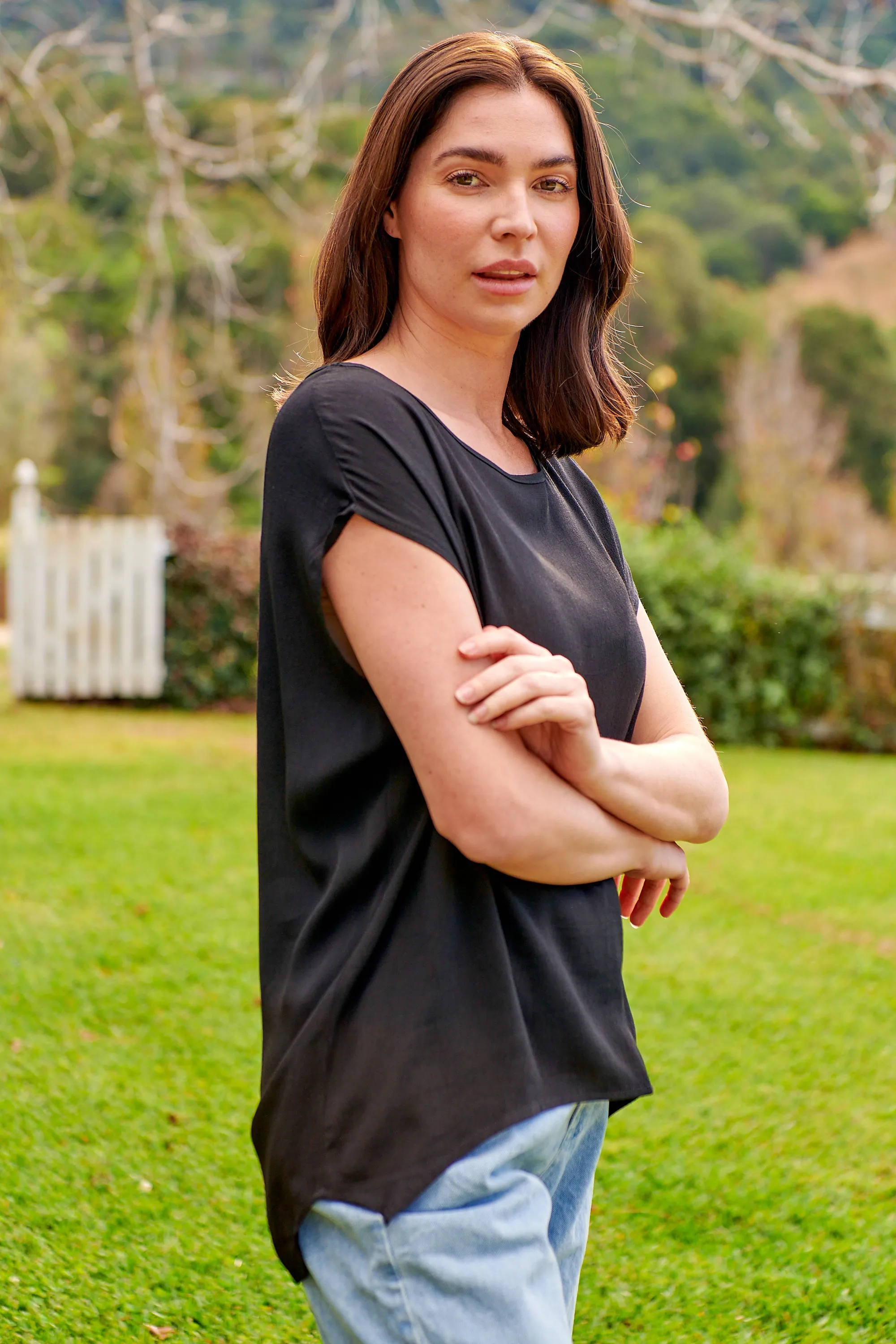 Chele Short Sleeve Oversized Black Plain Top