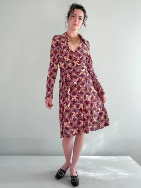 Classic 1970's Floral Long Sleeve Wrap Dress  by Bonwit Teller / Sz Medium