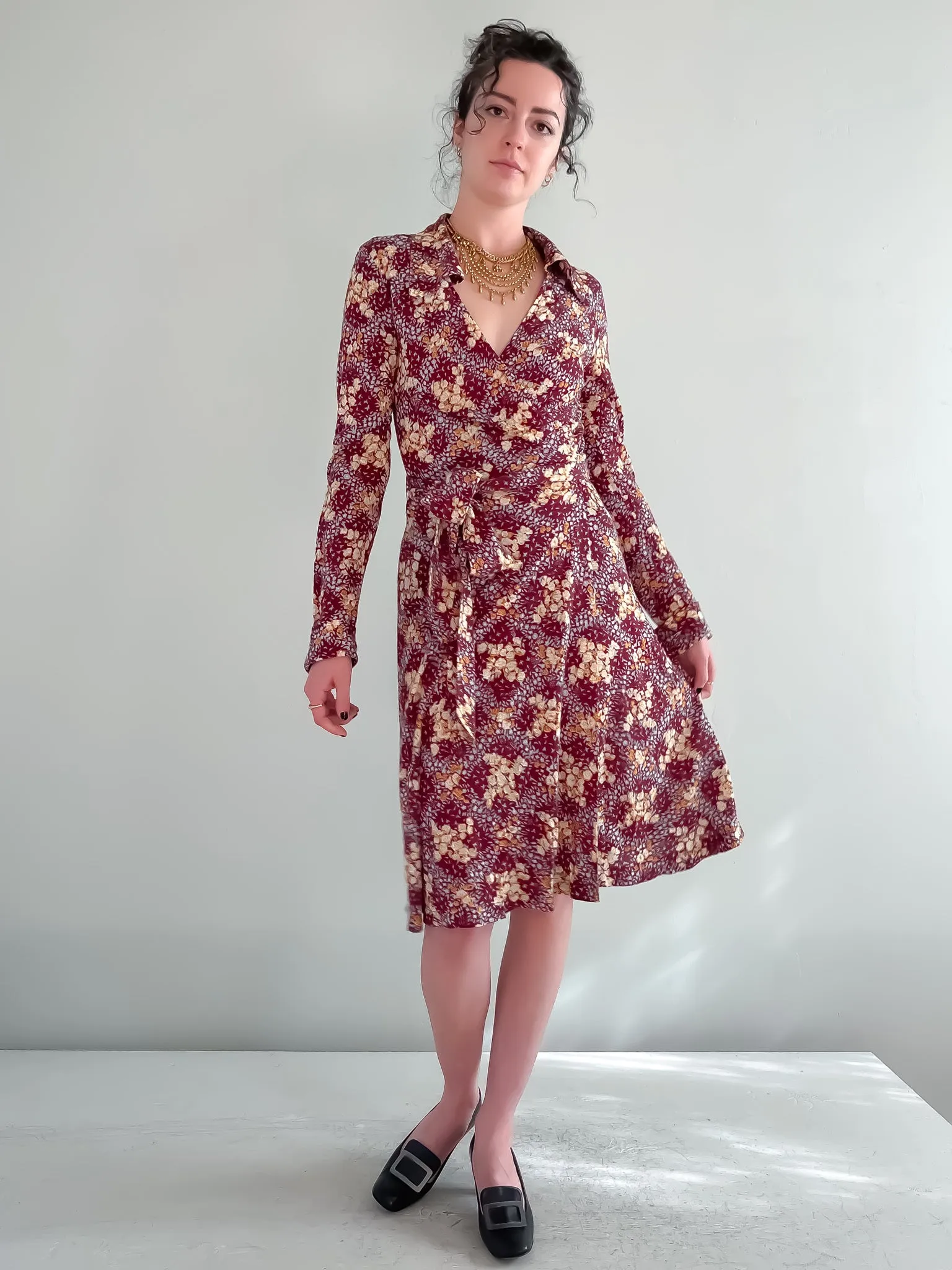 Classic 1970's Floral Long Sleeve Wrap Dress  by Bonwit Teller / Sz Medium