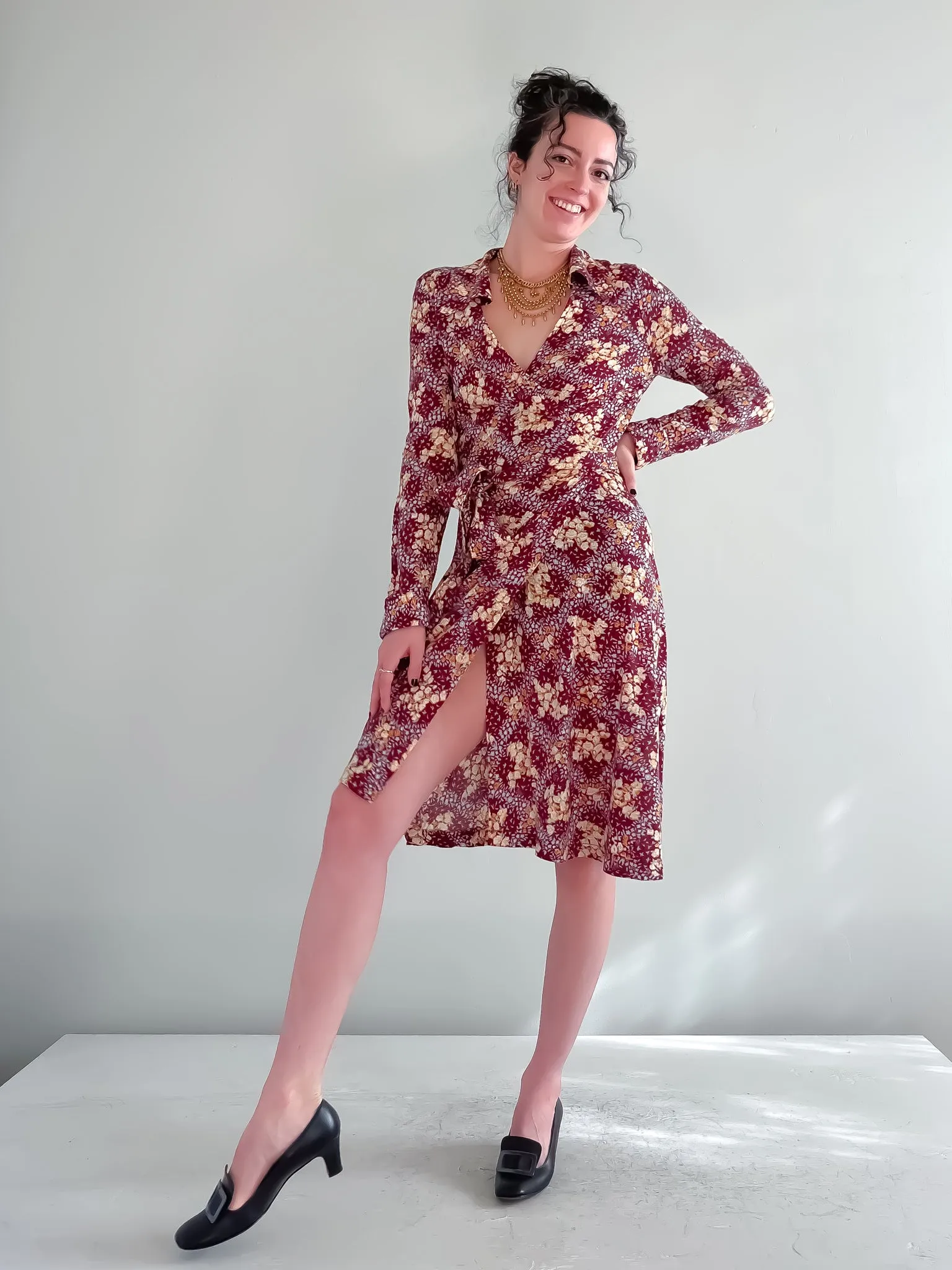 Classic 1970's Floral Long Sleeve Wrap Dress  by Bonwit Teller / Sz Medium