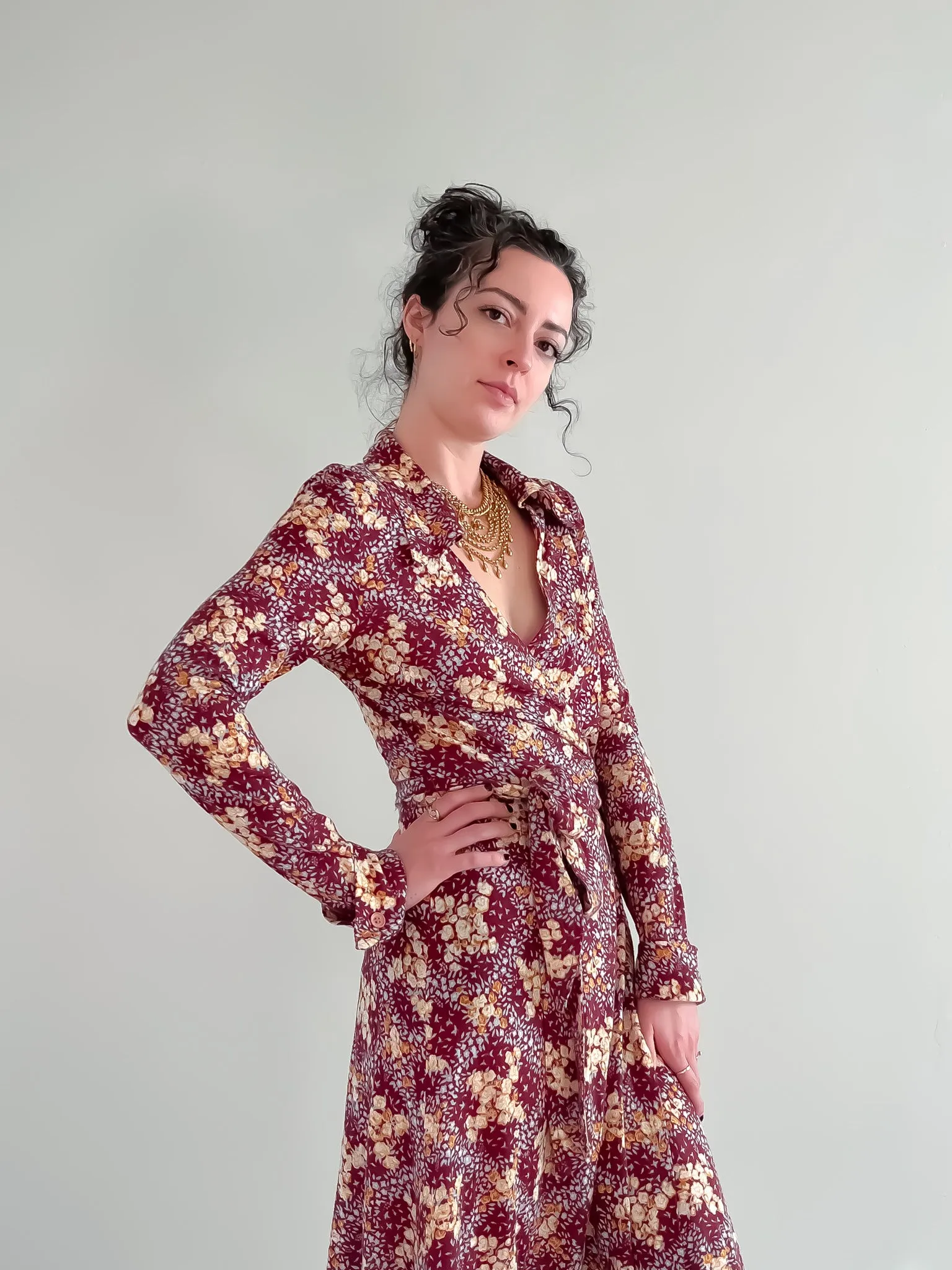 Classic 1970's Floral Long Sleeve Wrap Dress  by Bonwit Teller / Sz Medium