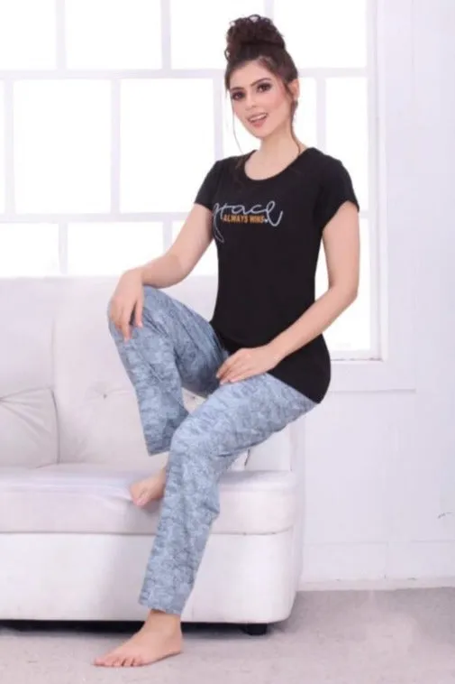 Comfy Women's Black and Grey Cotton Printed Tee With Pants And Shorts 3 Piece Set