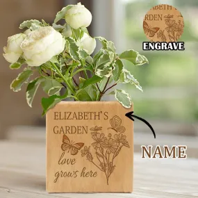 Custom Name Butterfly Engraved Plant Pots Personalized Wood Flower Box Indoor Square for Mother Planter Memorable Mothers Day Gift