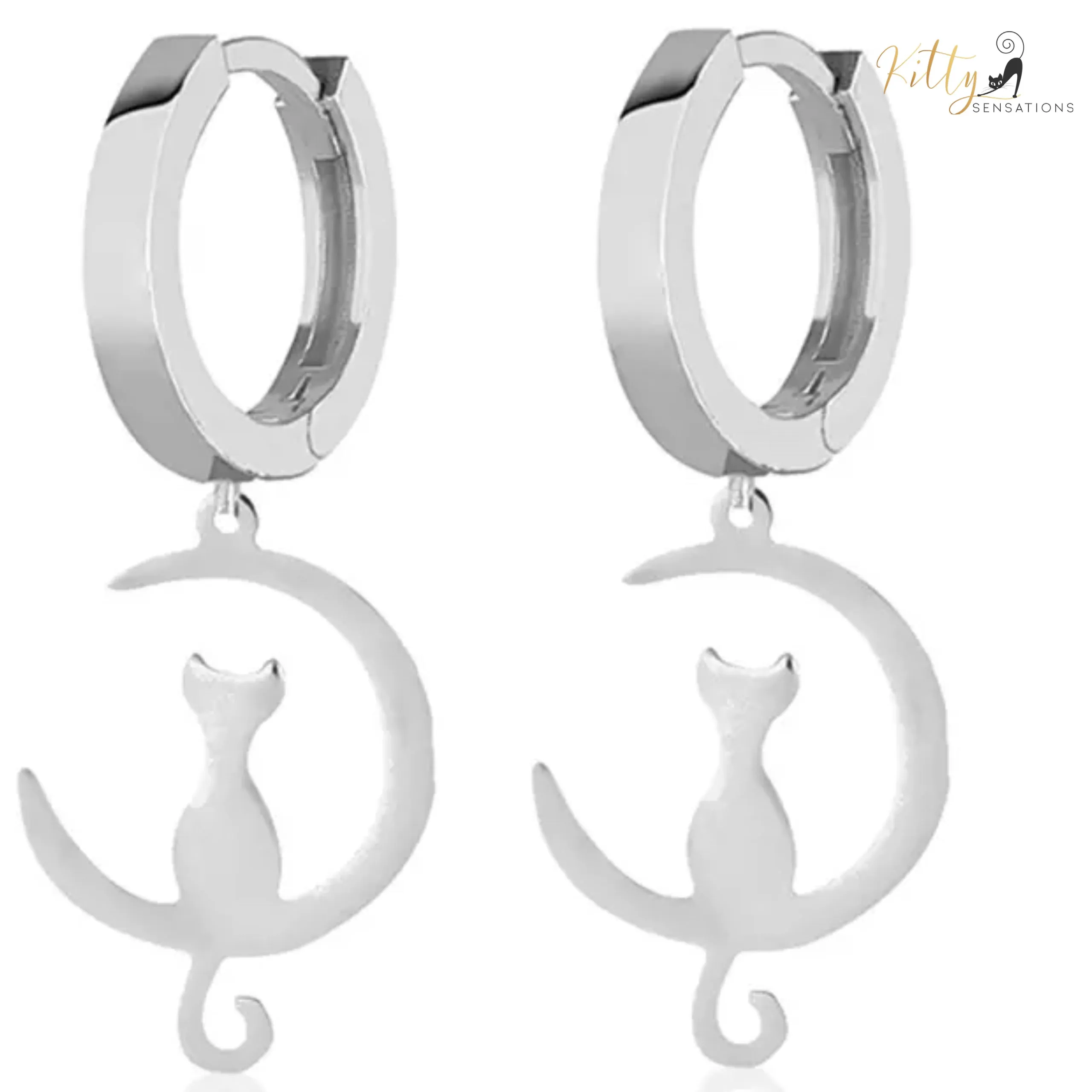 Dangling Moon Kitty Hoop Earrings