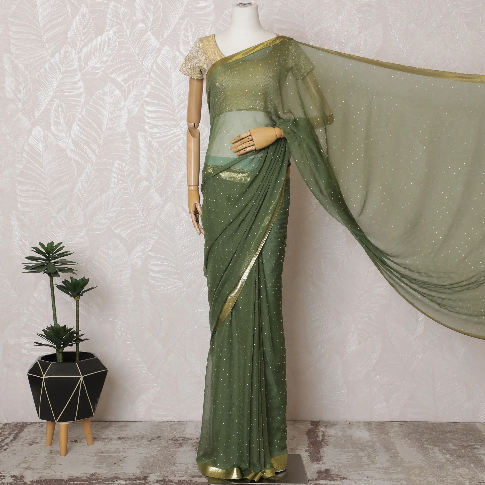 Elegant Olive Green Silk Chiffon Saree with Golden border and Stone Work,110 cm Width, 5.5 Meters Piece-D19493