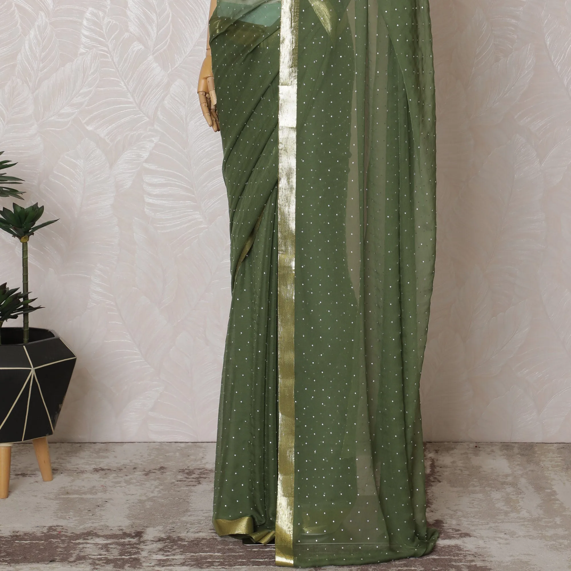 Elegant Olive Green Silk Chiffon Saree with Golden border and Stone Work,110 cm Width, 5.5 Meters Piece-D19493