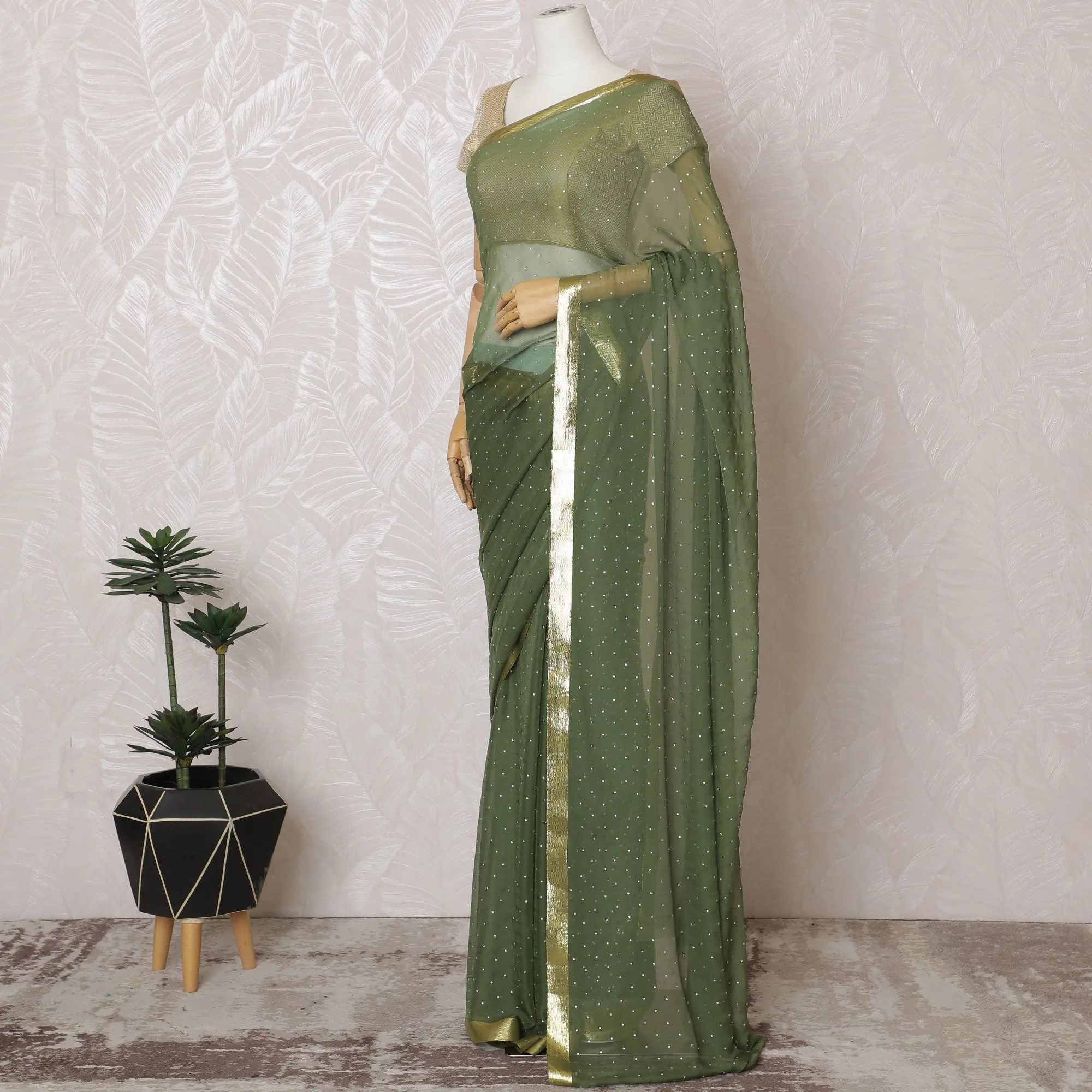 Elegant Olive Green Silk Chiffon Saree with Golden border and Stone Work,110 cm Width, 5.5 Meters Piece-D19493