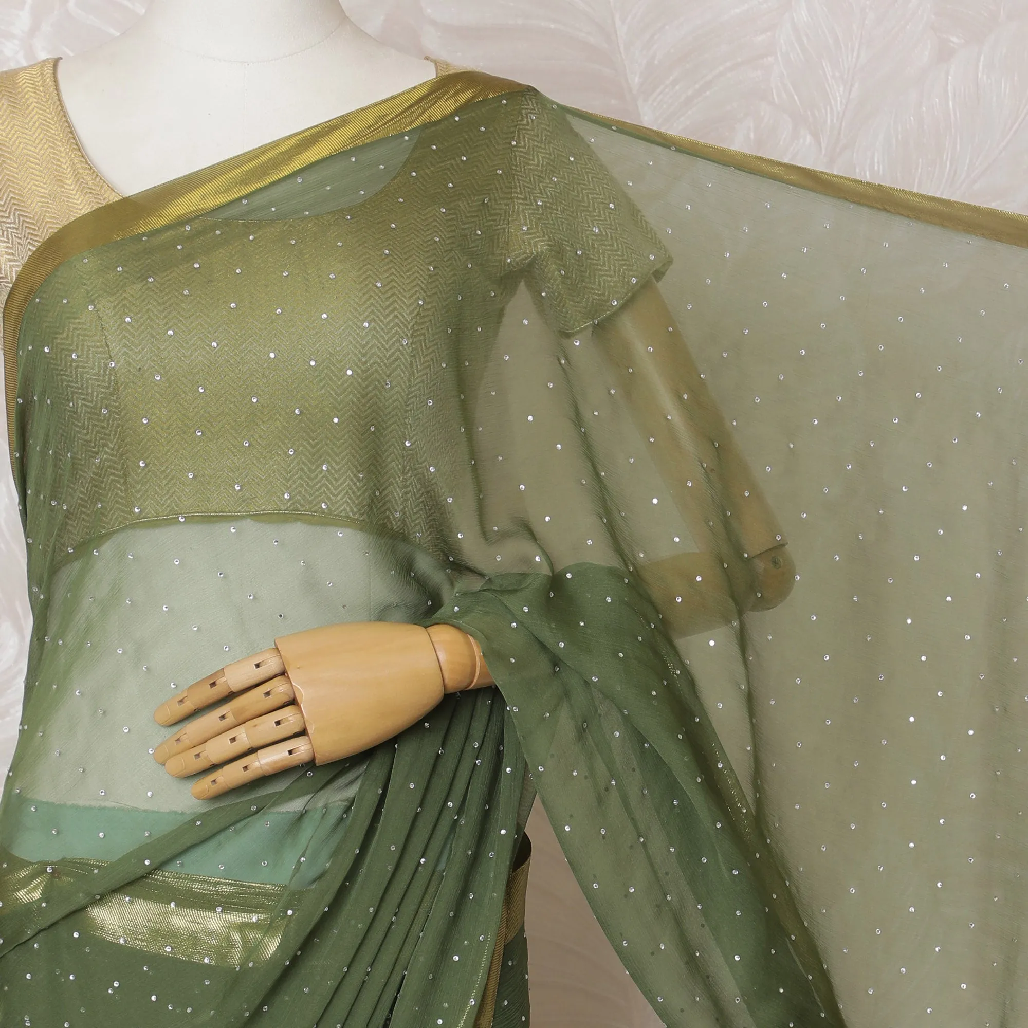 Elegant Olive Green Silk Chiffon Saree with Golden border and Stone Work,110 cm Width, 5.5 Meters Piece-D19493