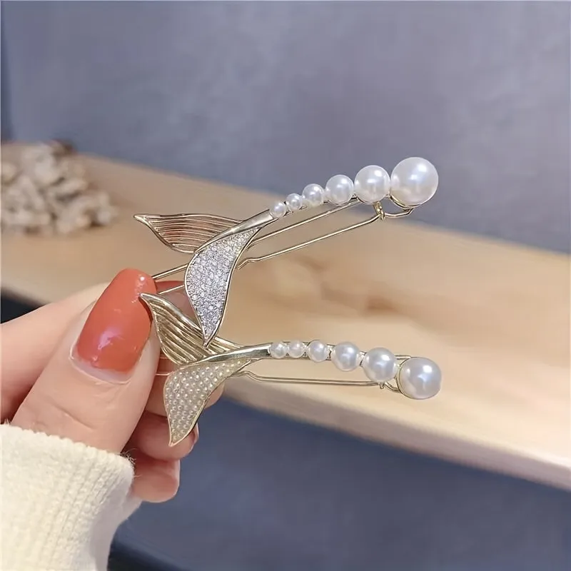 Faux Pearl Mermaid Shaped Hair Clip Rhinestone Barrette Elegant Hair Clip For Women Girls