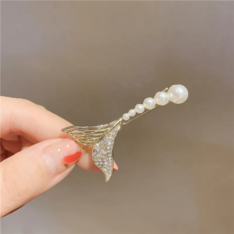 Faux Pearl Mermaid Shaped Hair Clip Rhinestone Barrette Elegant Hair Clip For Women Girls