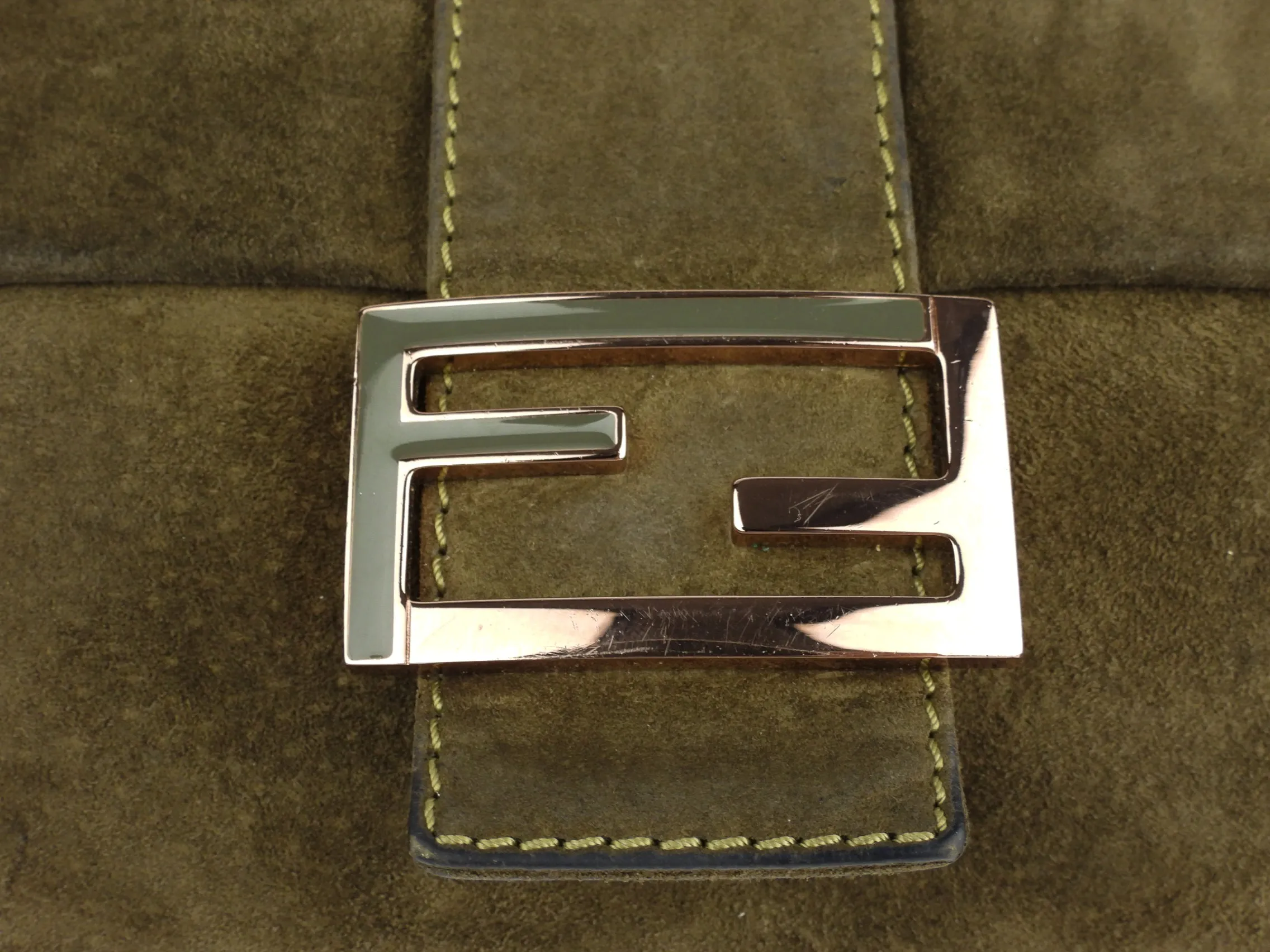 Fendi Khaki Green Suede Leather Baguette Shoulder Bag