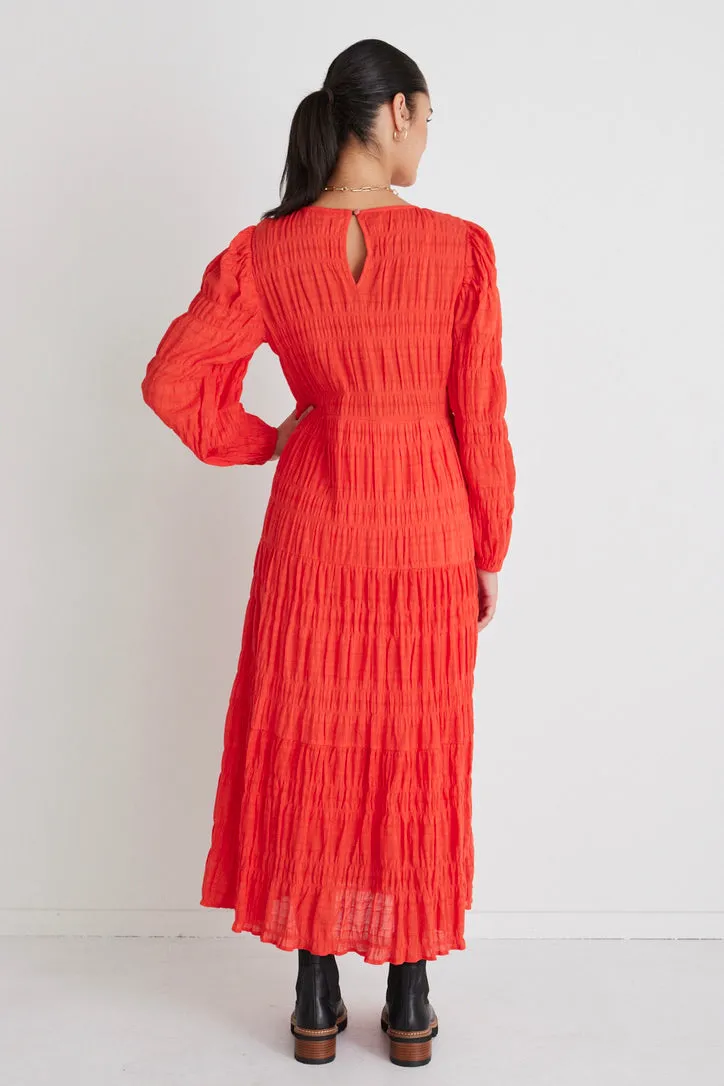 Gigi Blood Orange Shirred Cotton Ls Tiered Maxi Dress