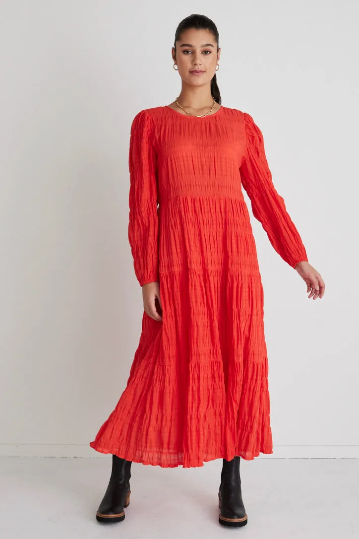 Gigi Blood Orange Shirred Cotton Ls Tiered Maxi Dress