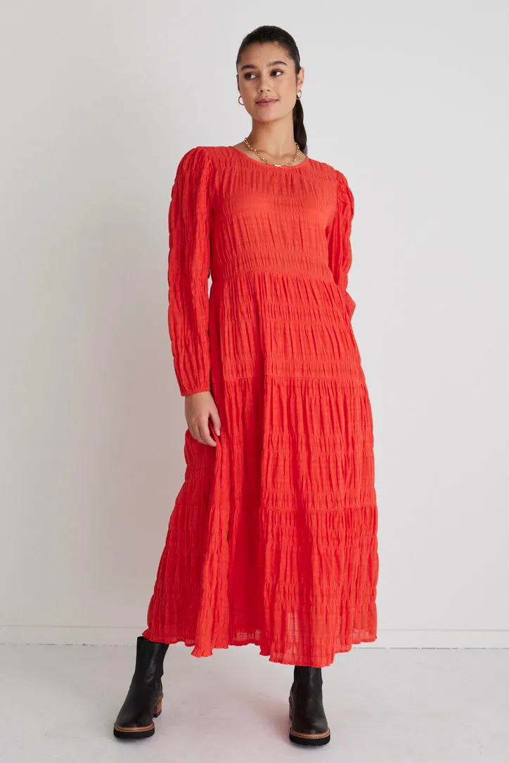 Gigi Blood Orange Shirred Cotton Ls Tiered Maxi Dress