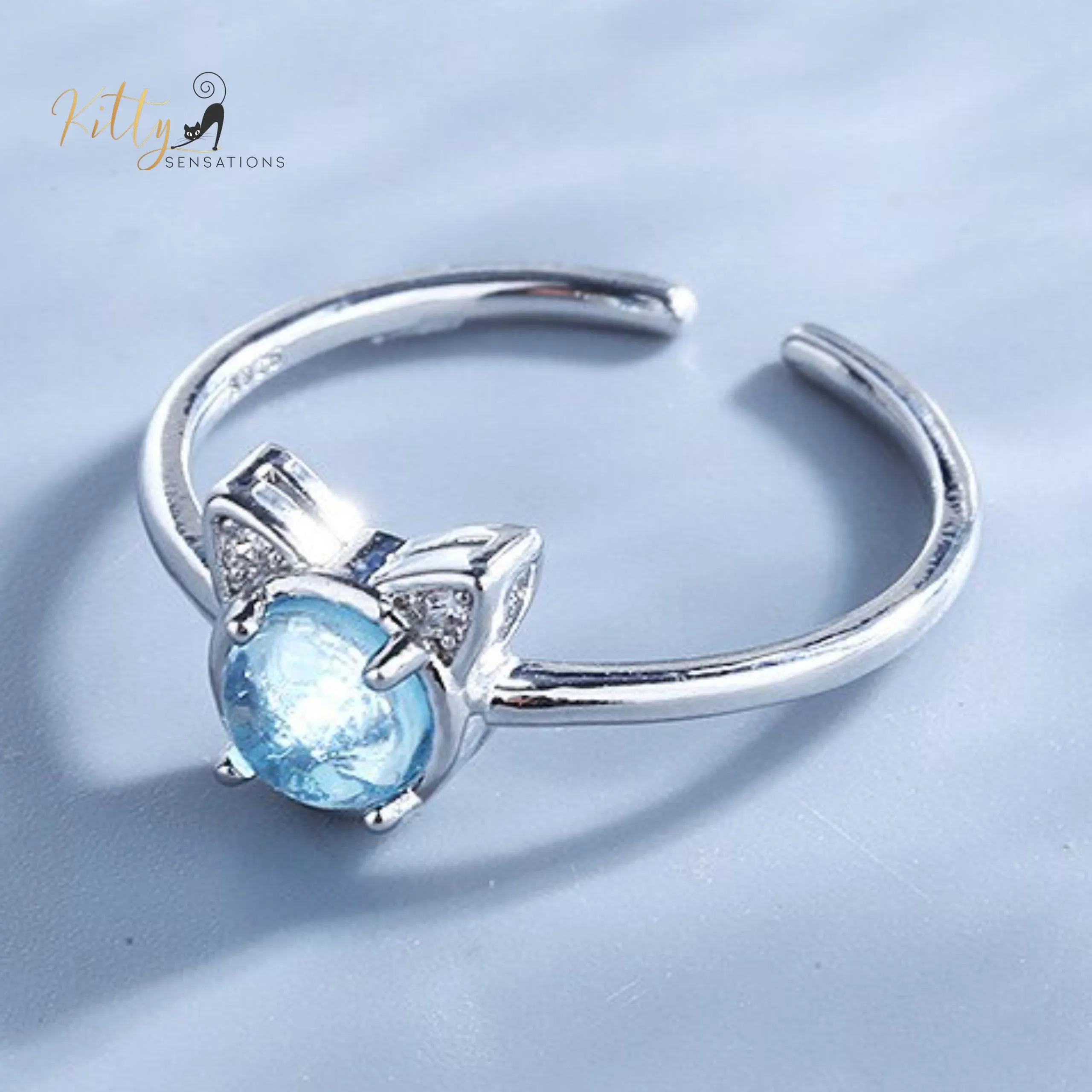 Glacier Crystal Cat Ring - Silver Plated- Adjustable