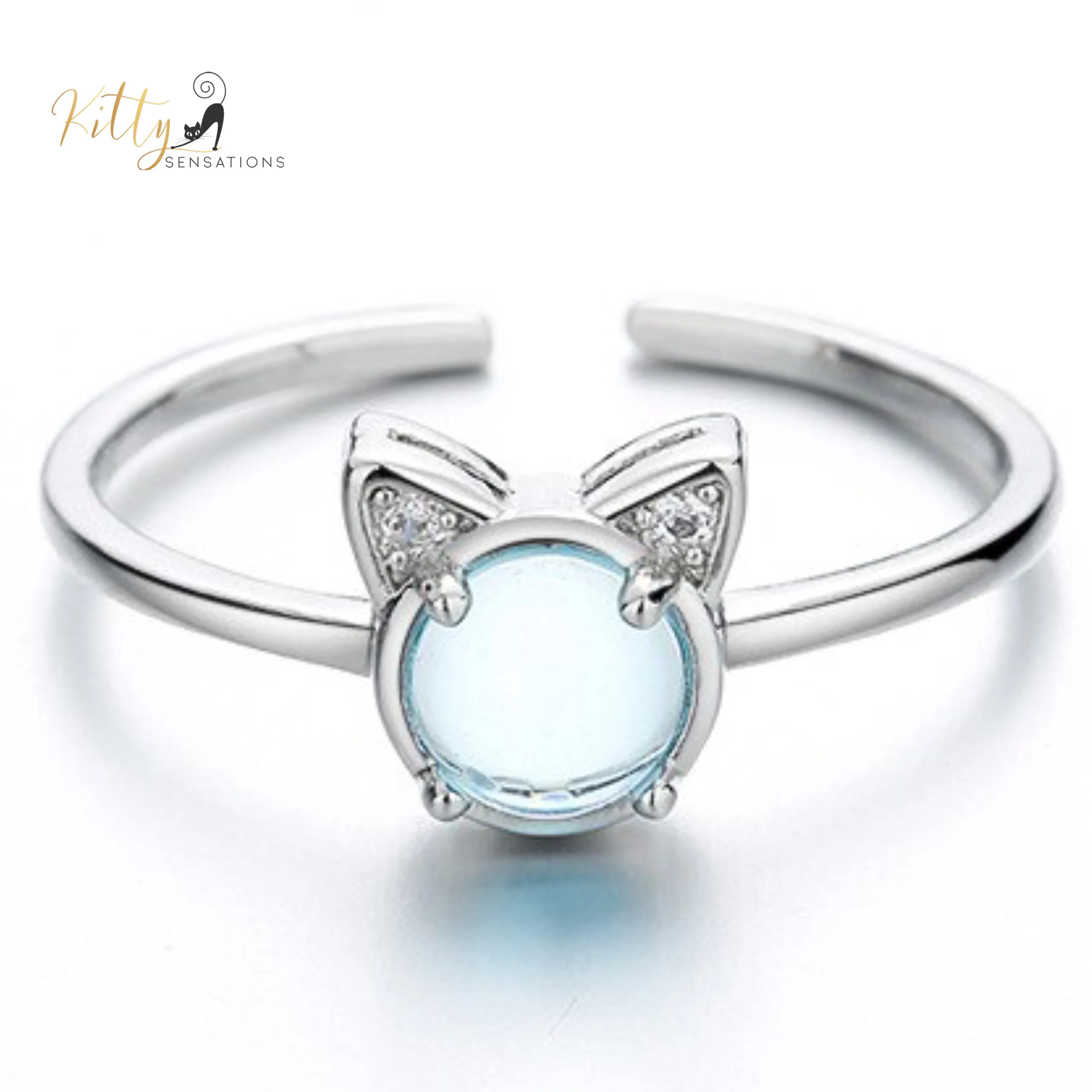 Glacier Crystal Cat Ring - Silver Plated- Adjustable