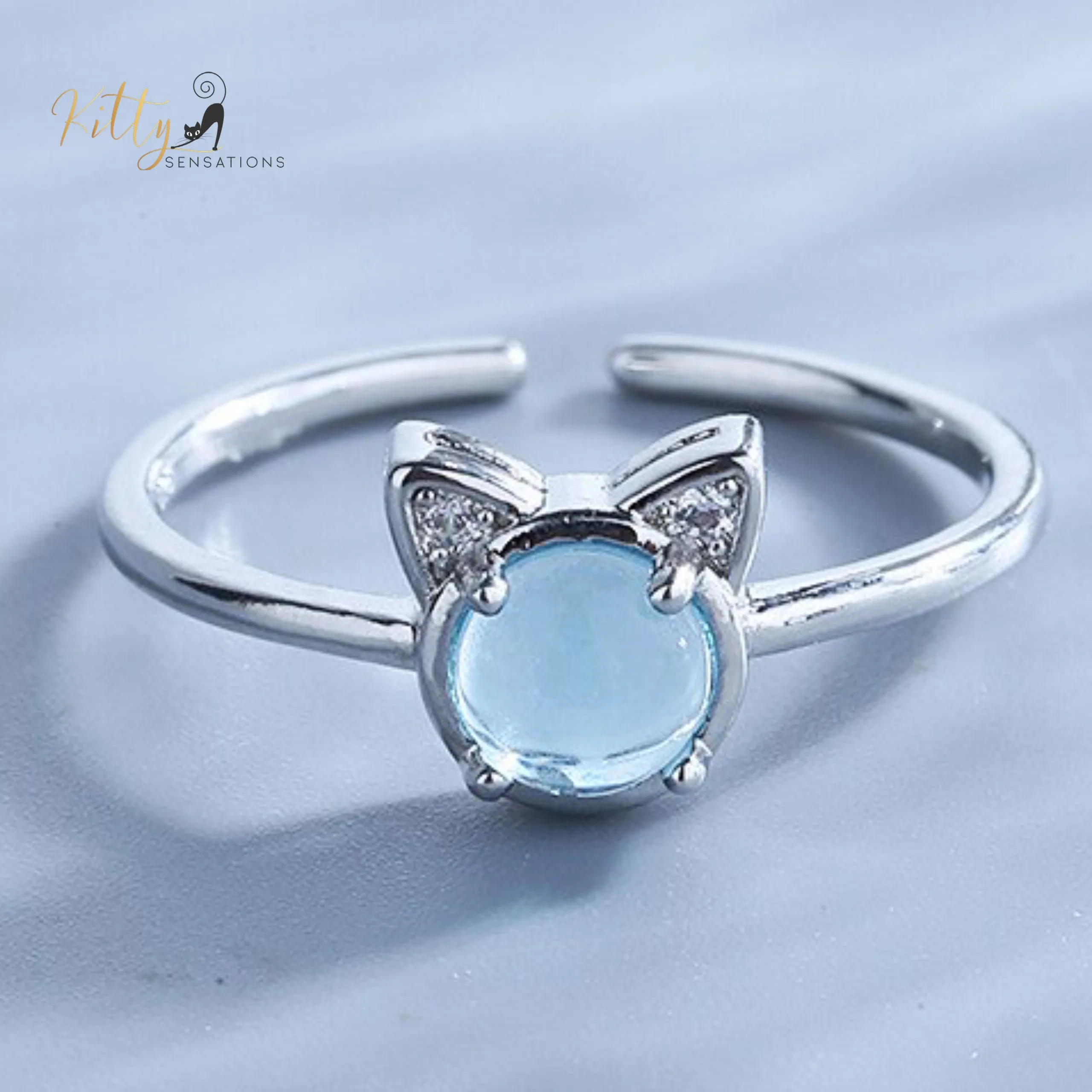 Glacier Crystal Cat Ring - Silver Plated- Adjustable