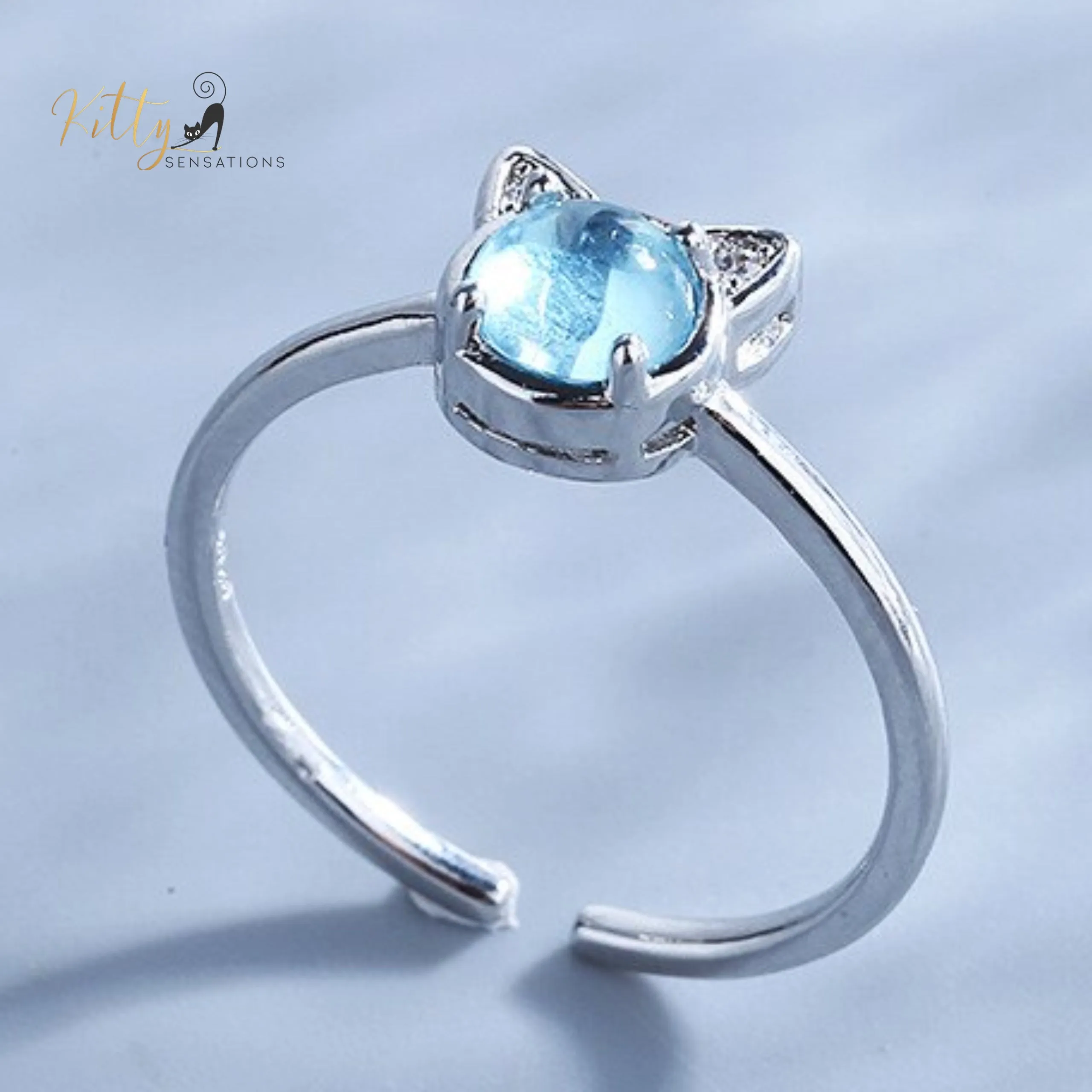 Glacier Crystal Cat Ring - Silver Plated- Adjustable