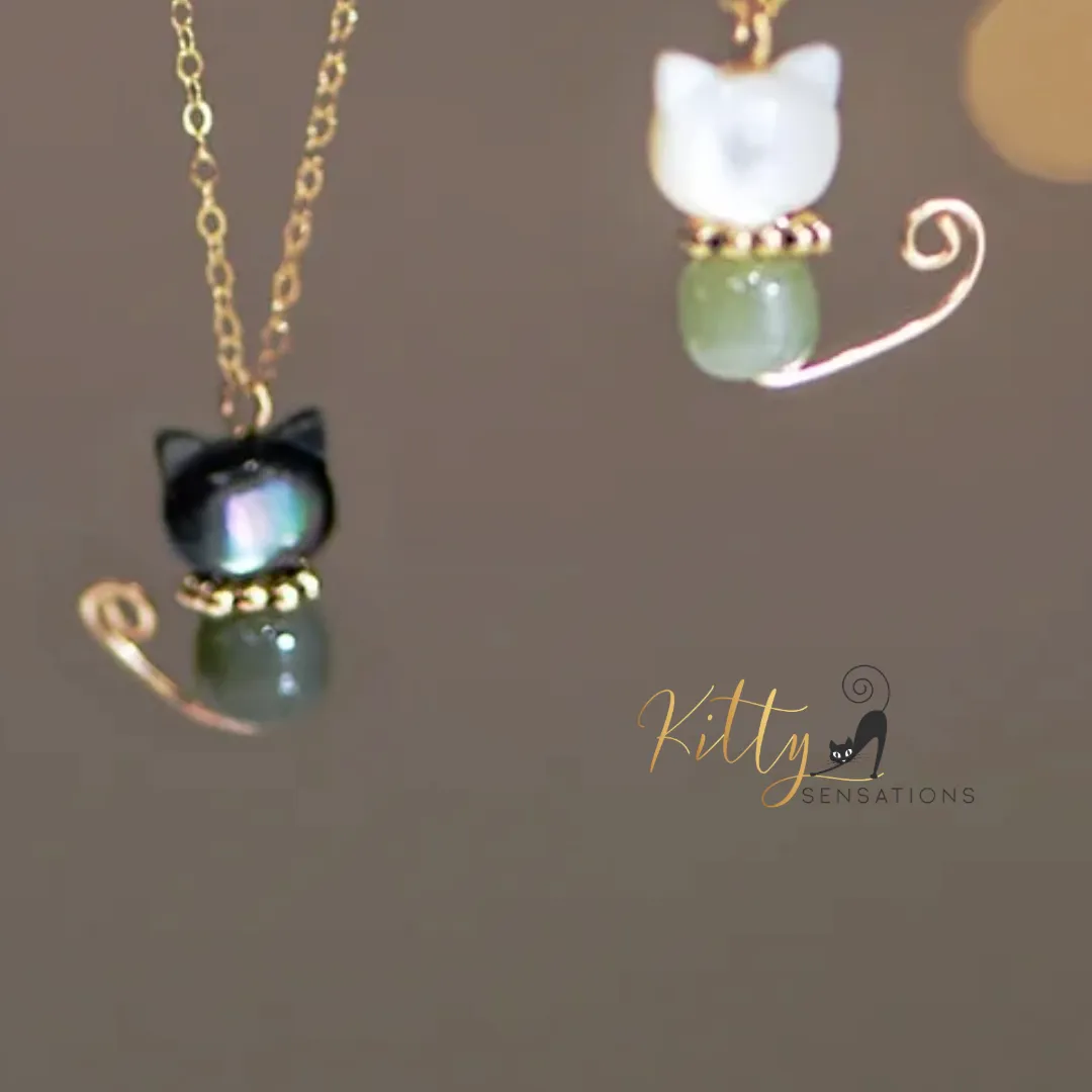 Hetian Jade and Mother-of-Pearl Cat, 14K Gold Filled Cat Necklace (Black or White)