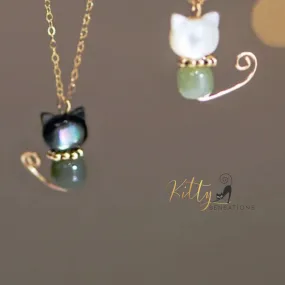 Hetian Jade and Mother-of-Pearl Cat, 14K Gold Filled Cat Necklace (Black or White)