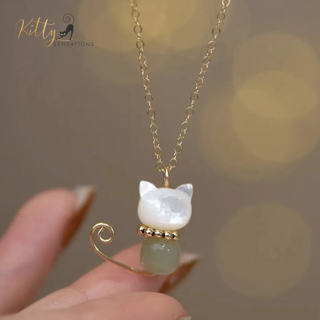 Hetian Jade and Mother-of-Pearl Cat, 14K Gold Filled Cat Necklace (Black or White)