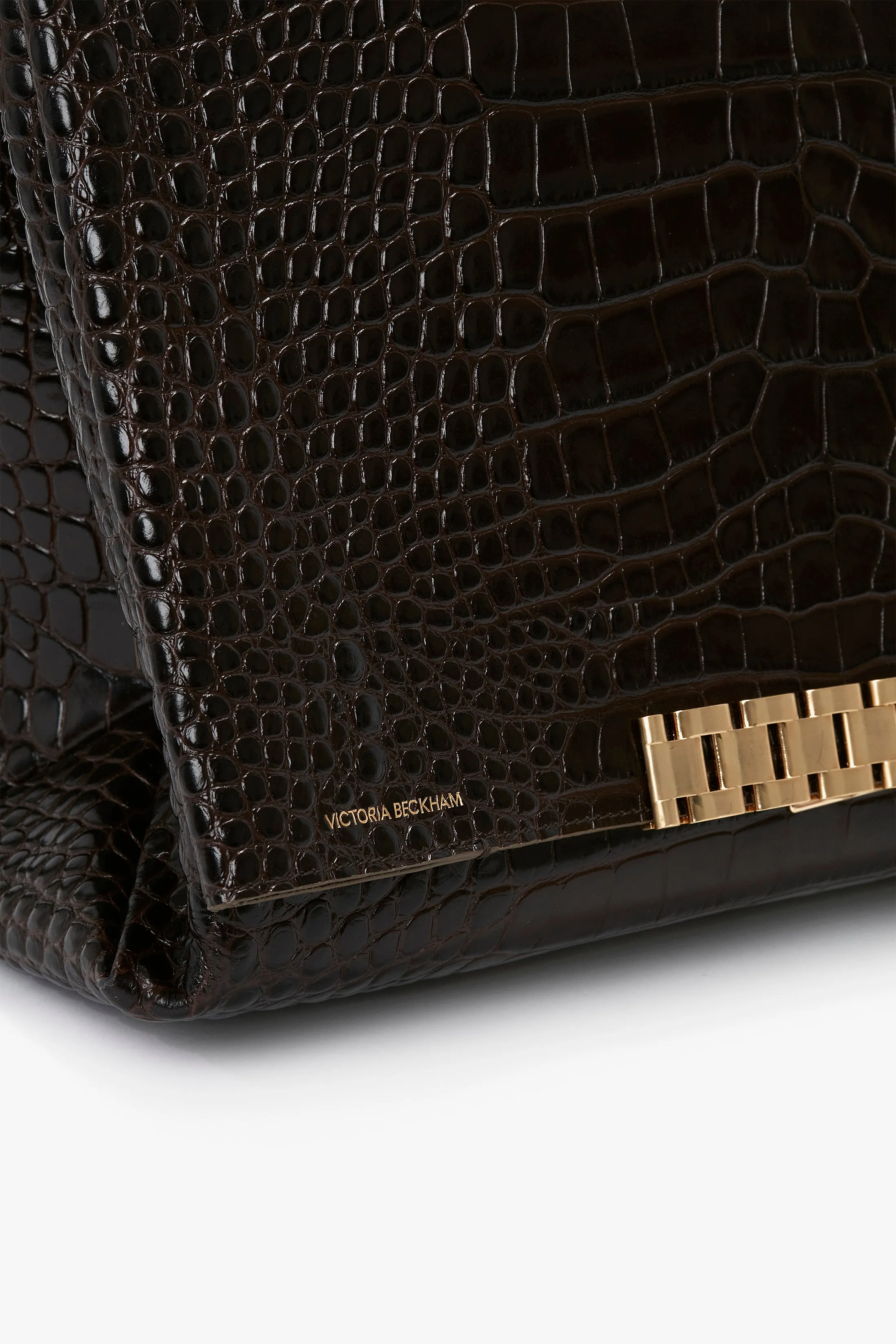 Jumbo Chain Pouch In Chocolate Croc-Effect Leather