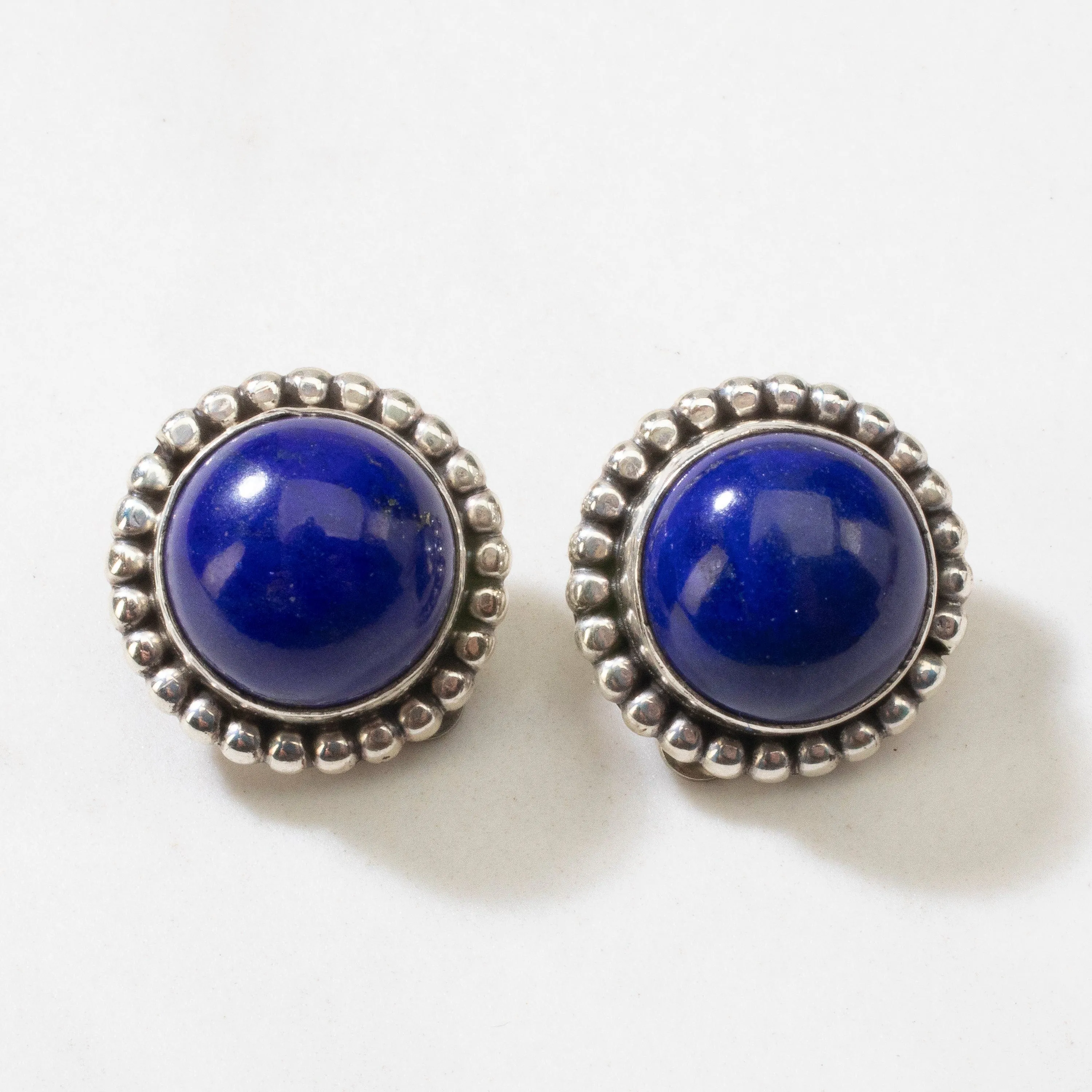 Lapis Round Navajo USA Native American Made 925 Sterling Silver Earrings with Clip On Backing