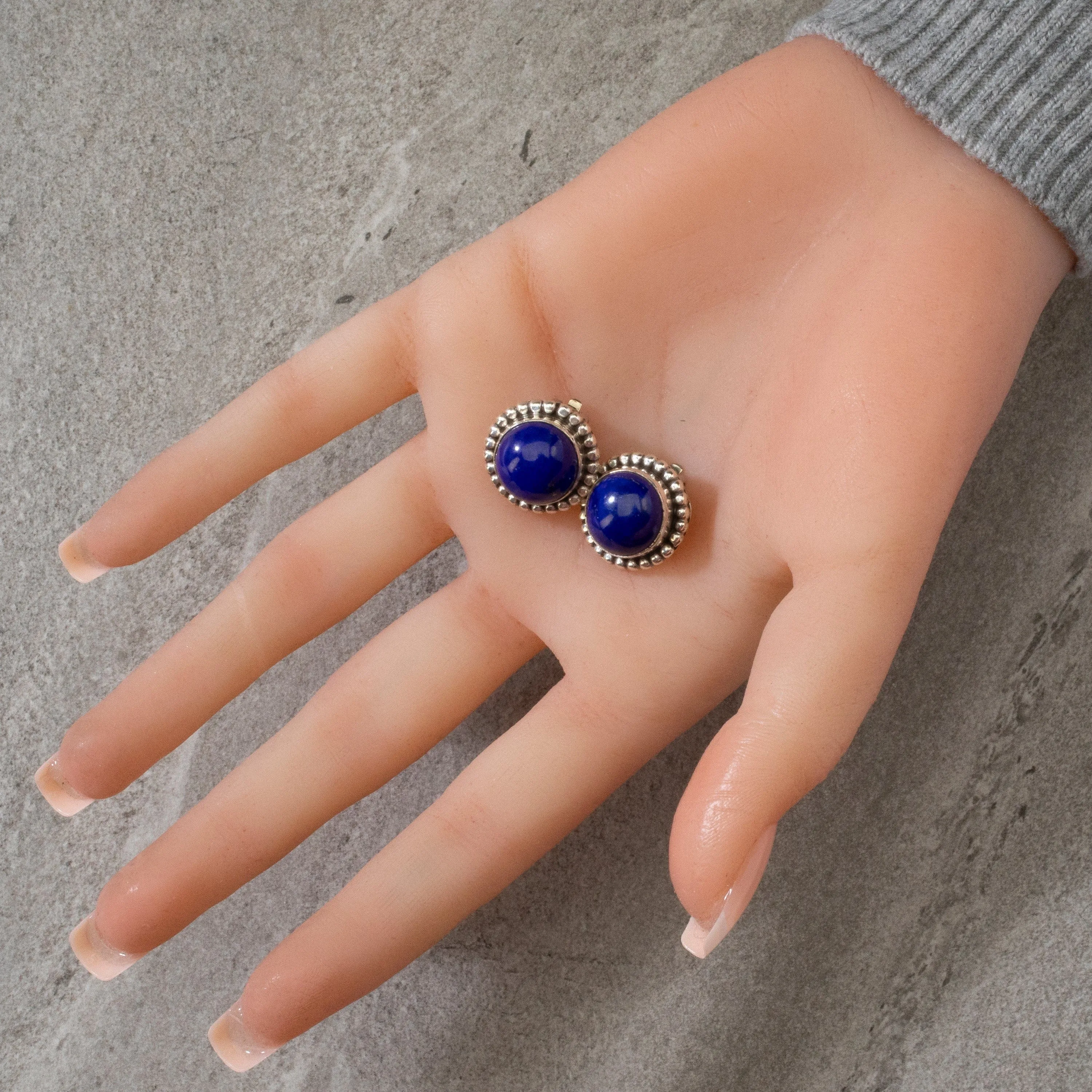 Lapis Round Navajo USA Native American Made 925 Sterling Silver Earrings with Clip On Backing