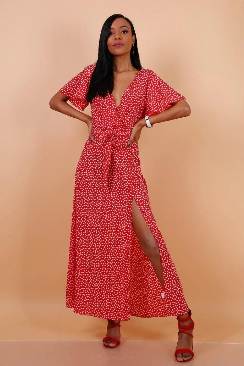 Lilura London Wrap Front Split Leg Maxi Dress  Daisy Dot