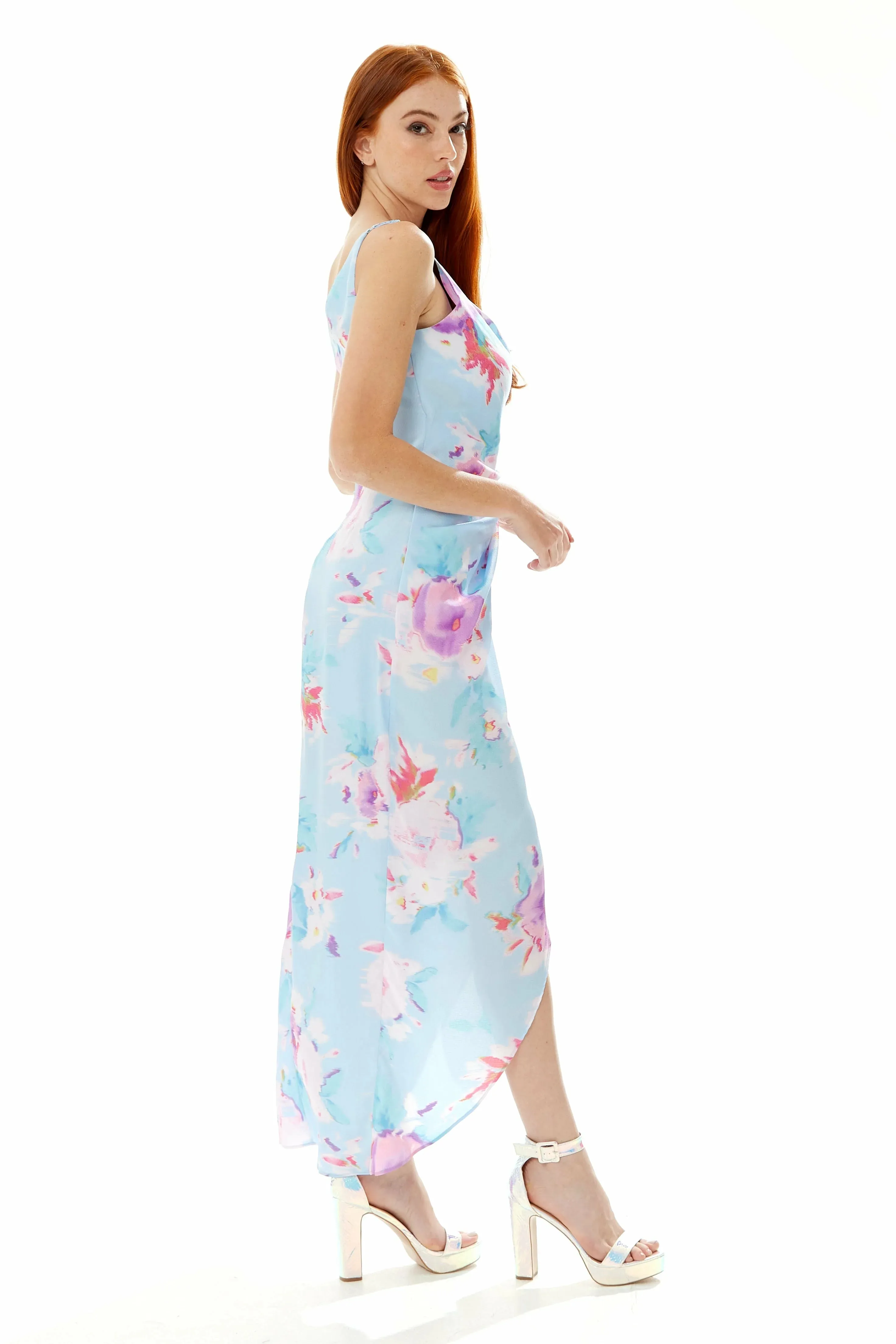 Liquorish Floral Print Maxi Wrap Dress In Blue