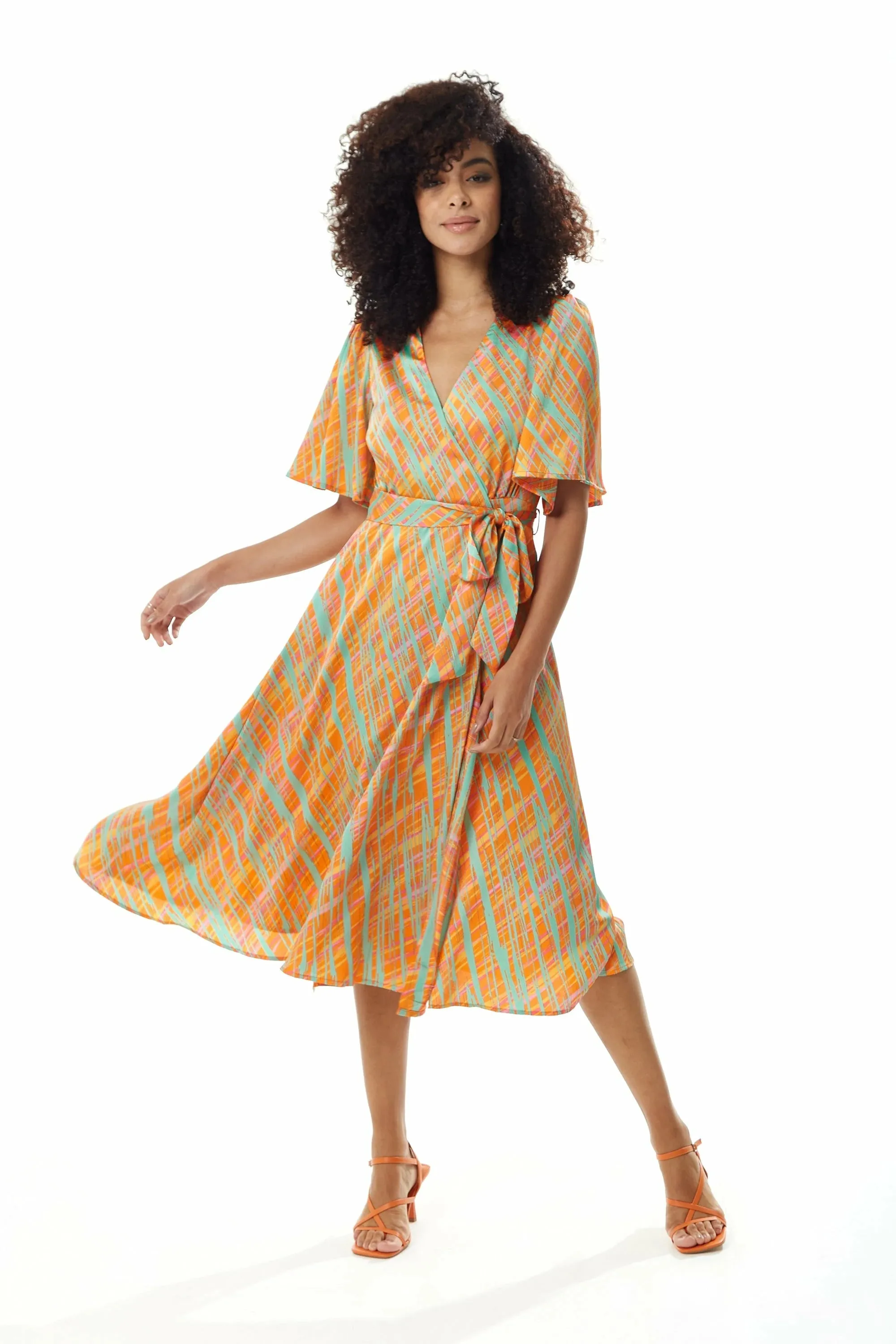 Liquorish Midi Wrap Dress In Orange Scribble Print