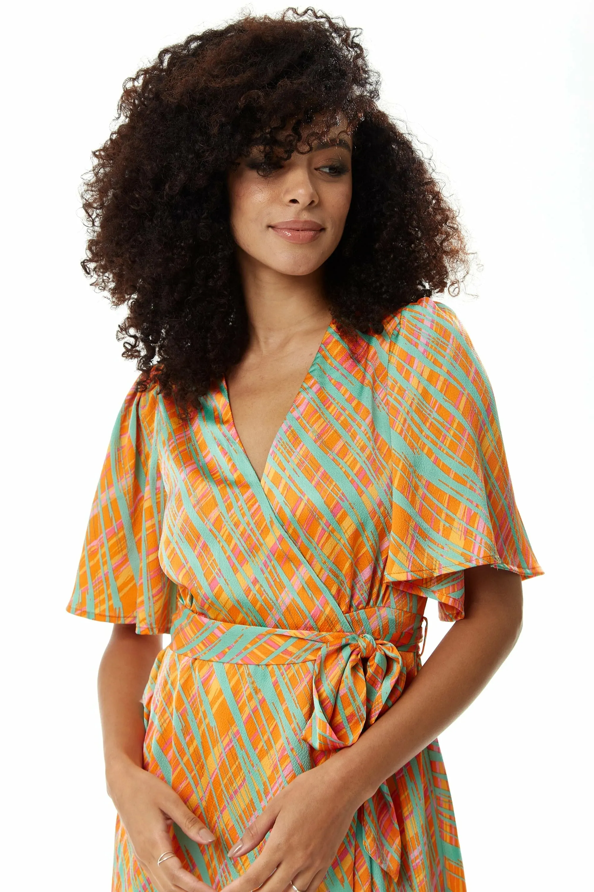 Liquorish Midi Wrap Dress In Orange Scribble Print